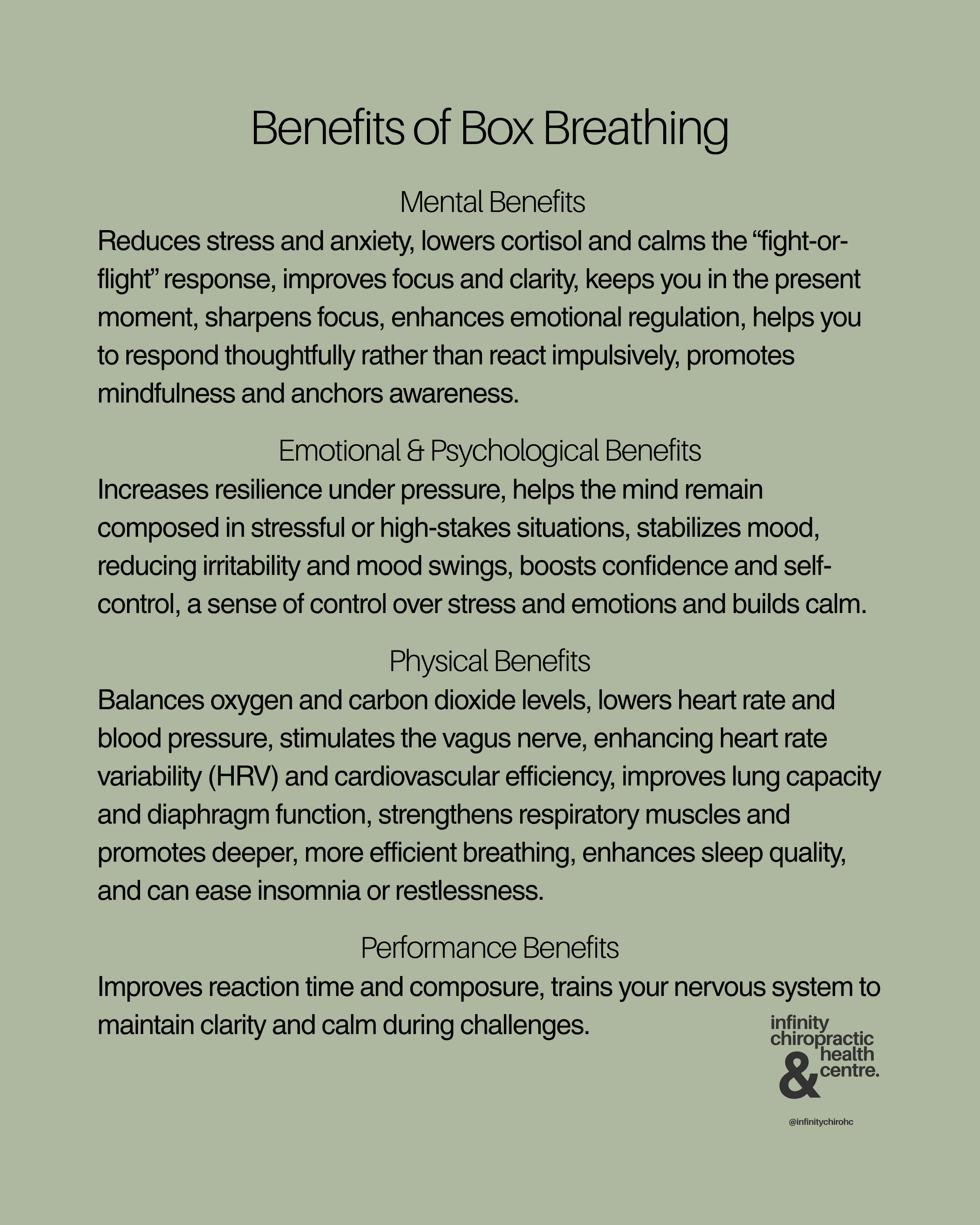 Informational poster listing the mental, emotional, physical, and performance benefits of box breathing, with a logo of Infinity Chiropractic & Health Centre.