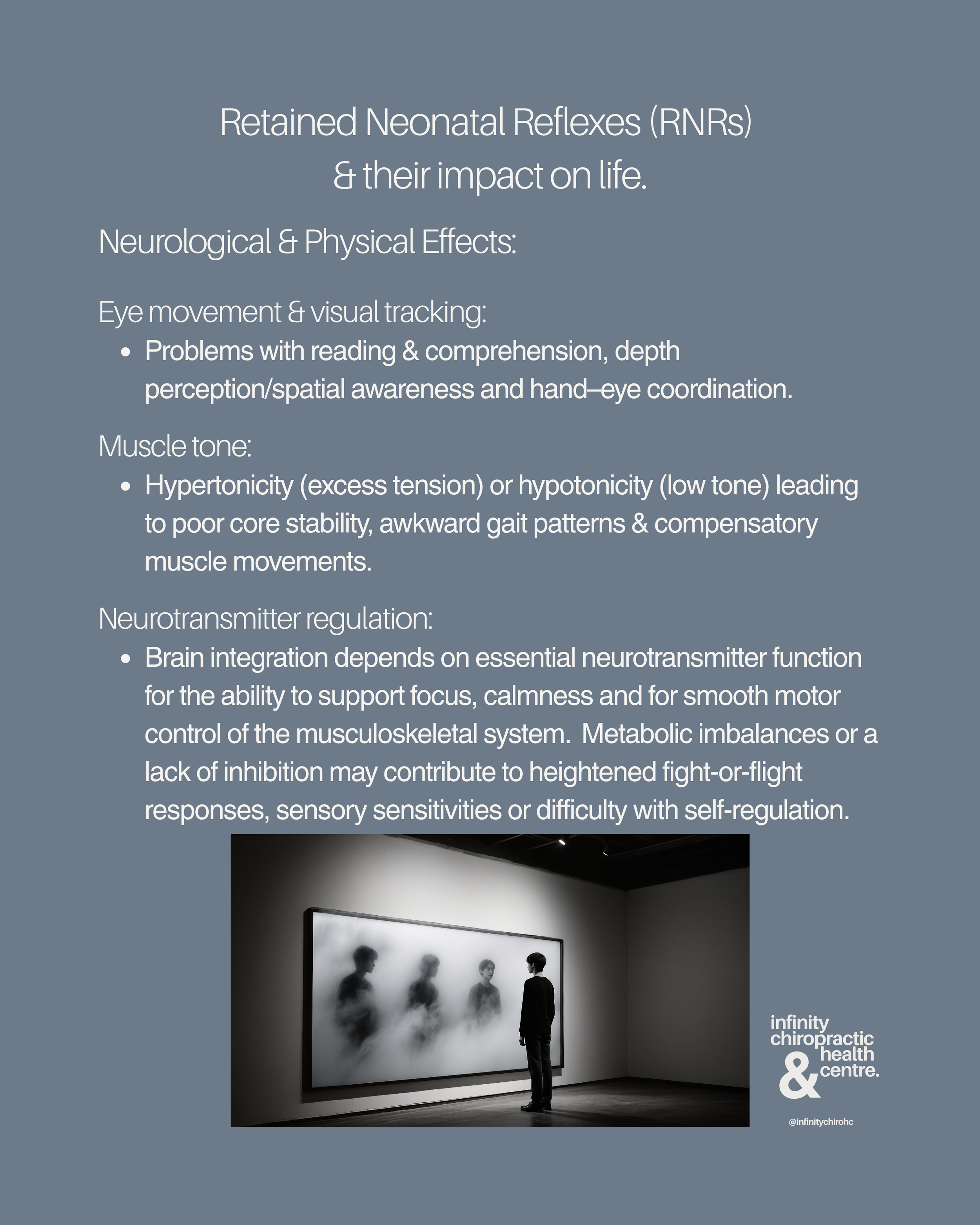 A person standing in front of a large, backlit display with silhouettes of multiple people. The display is part of a presentation about retained neonatal reflexes and their effects on life, showing charts and information on neurological and physical 