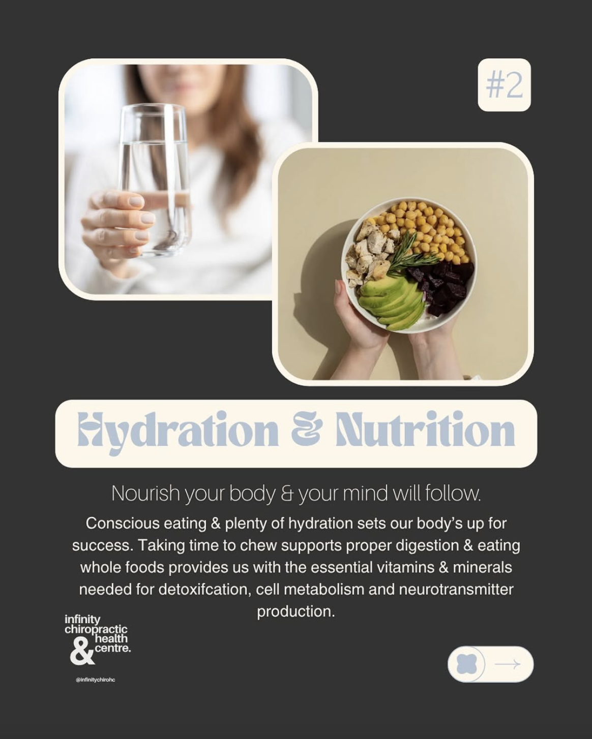 A flyer promoting hydration and nutrition, featuring a woman holding a glass of water and a bowl of healthy food, with the text discussing the importance of conscious eating and hydration.