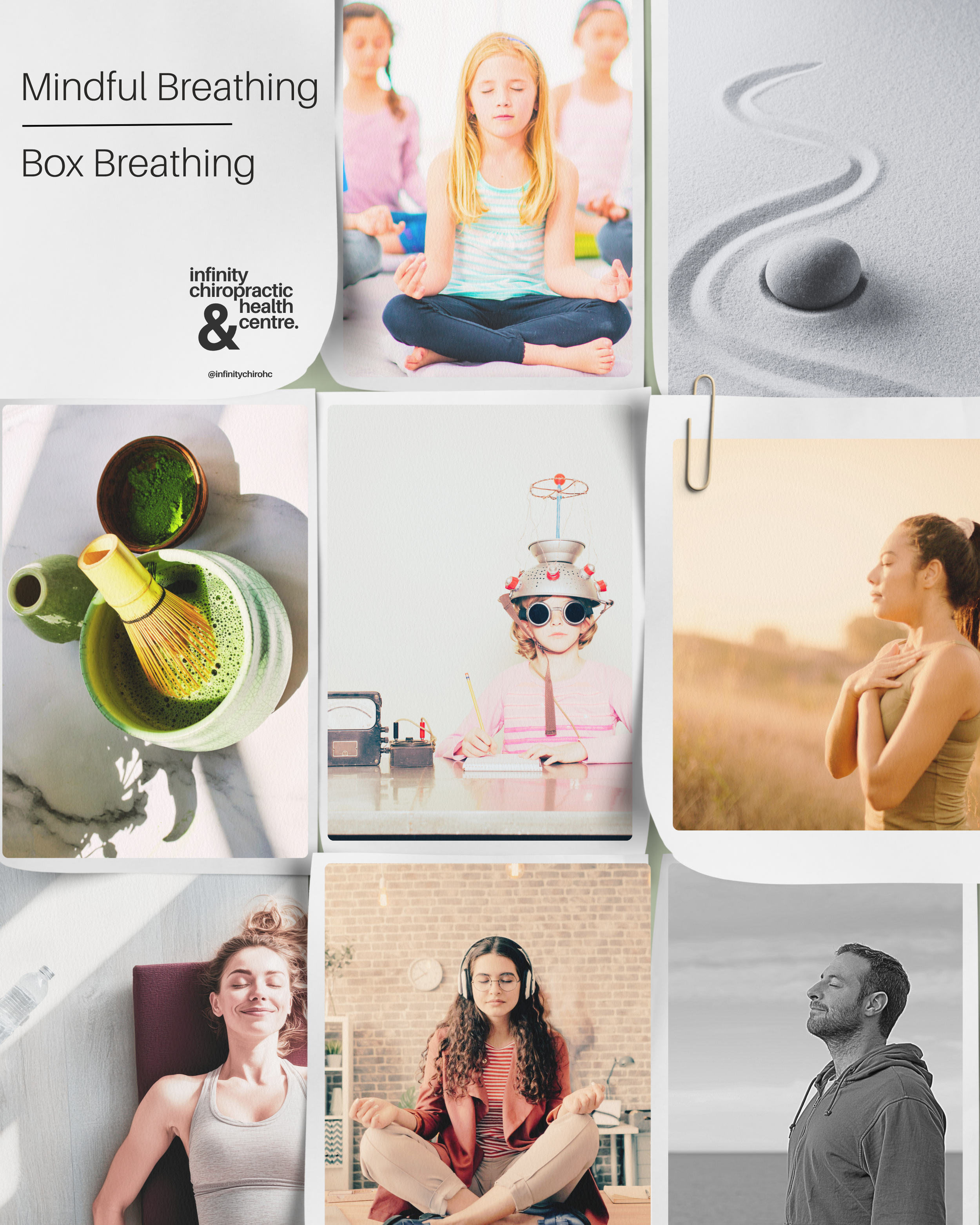 Multiple images showing various meditation, relaxation, and mindfulness practices, including a girl meditating with other children, a Zen rock garden, green tea and tea whisk, a girl wearing a creative hat and glasses, a woman in a field during sunset, a woman relaxing indoors, a woman meditating with headphones, and a man standing outdoors with eyes closed.