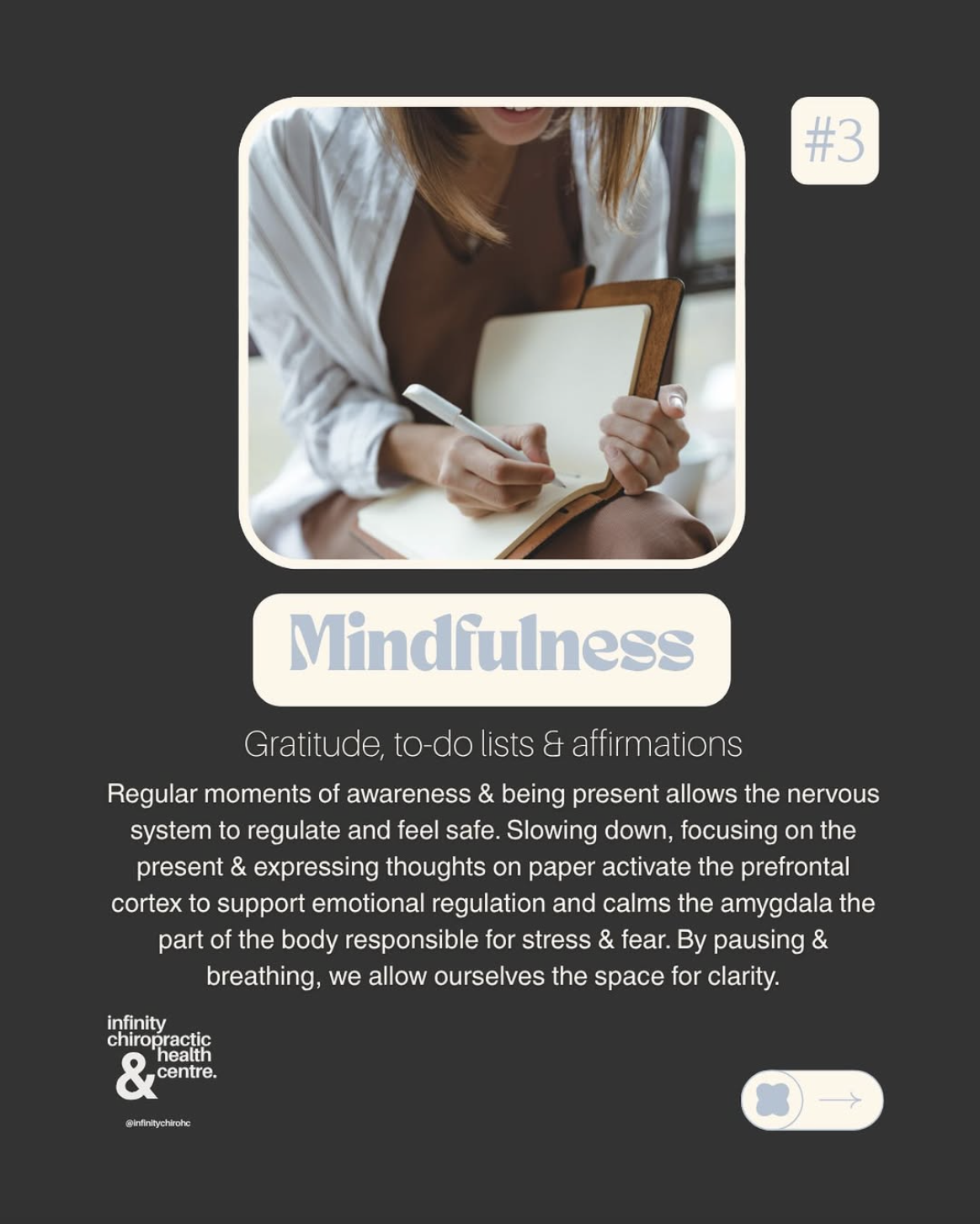 A woman sitting indoors, writing in a notebook with a pen. The environment appears calm and cozy. The image promotes mindfulness, gratitude, to-do lists, and affirmations for emotional regulation.