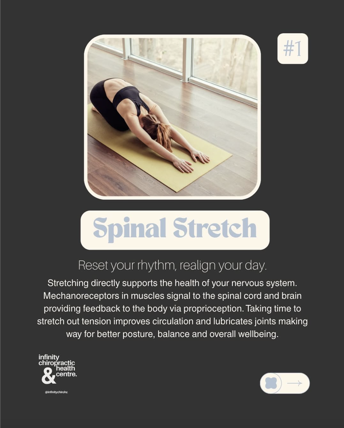 A woman performing a spinal stretch exercise on a yoga mat in a bright room with large windows.