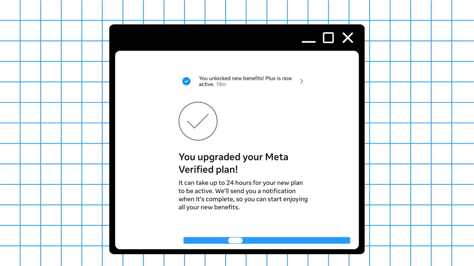 Instagram confirmation screen showing You upgraded your Meta Verified plan with a checkmark icon, a notification banner reading You unlocked new benefits Plus is now active, and a note that it can take up to 24 hours for the new plan to activate.