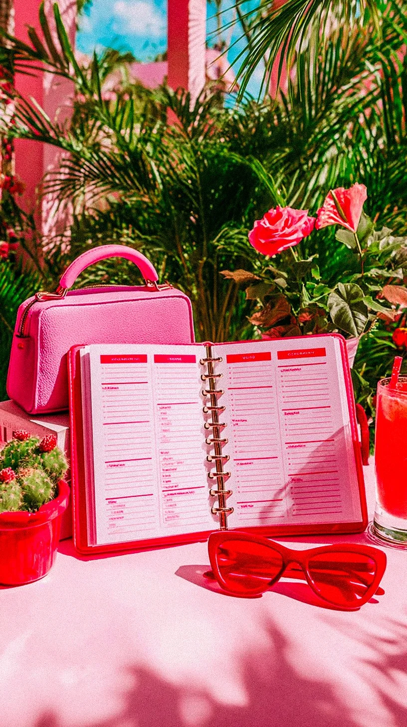 Open pink planner on an outdoor table with sunglasses, handbag and flowers, styled for creative content marketing and brand planning.