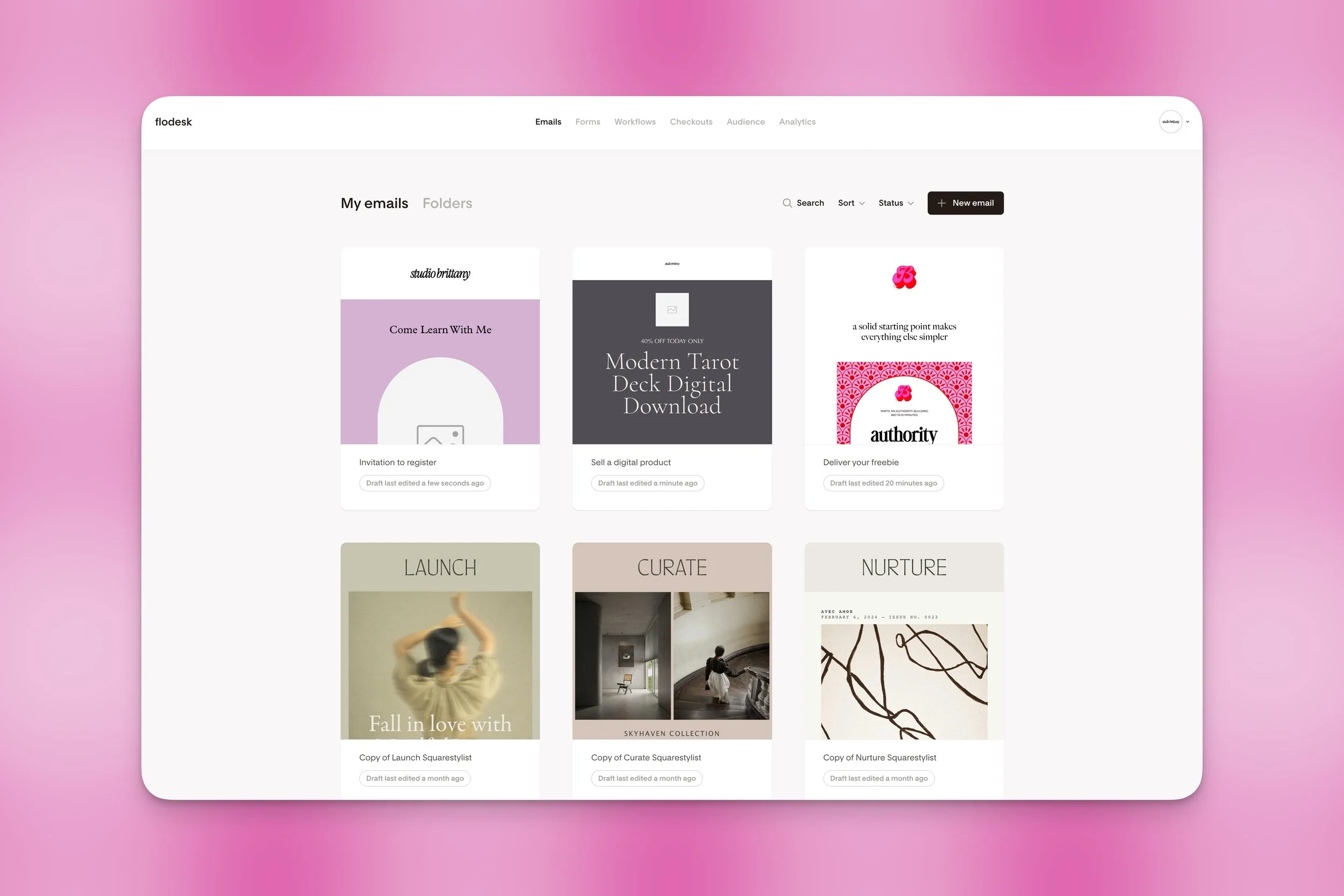 Six Flodesk landing page and opt-in form templates featuring modern, minimal design with bold typography and clean layouts.
