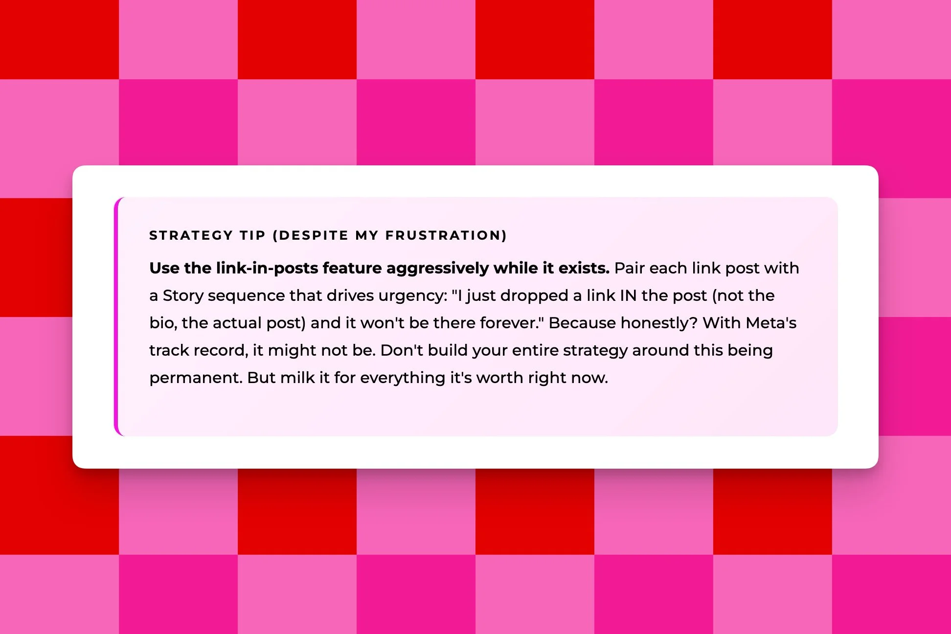Blog strategy tip callout box advising creators to use Meta Verified Plus link-in-posts feature aggressively while it exists, pairing each link post with an Instagram Story sequence to drive urgency before Meta potentially removes the feature.