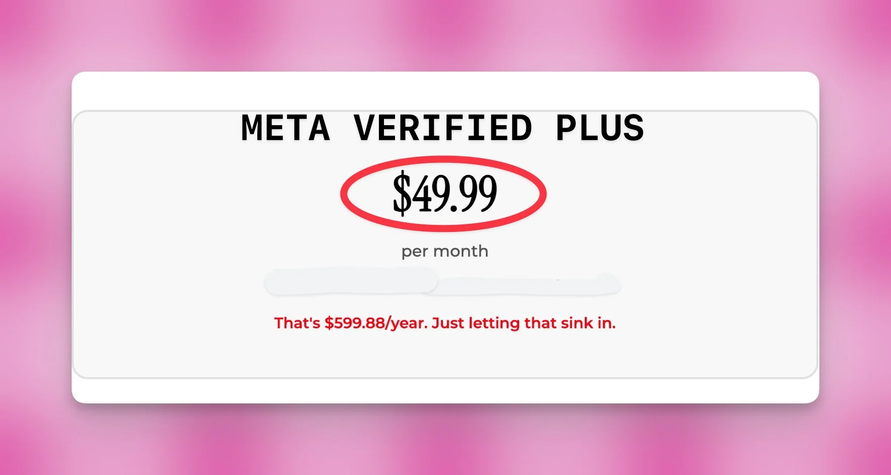 Meta Verified Plus pricing card showing $49.99 per month with the annual cost of $599.88 highlighted in red, emphasizing the steep price tag for creators.