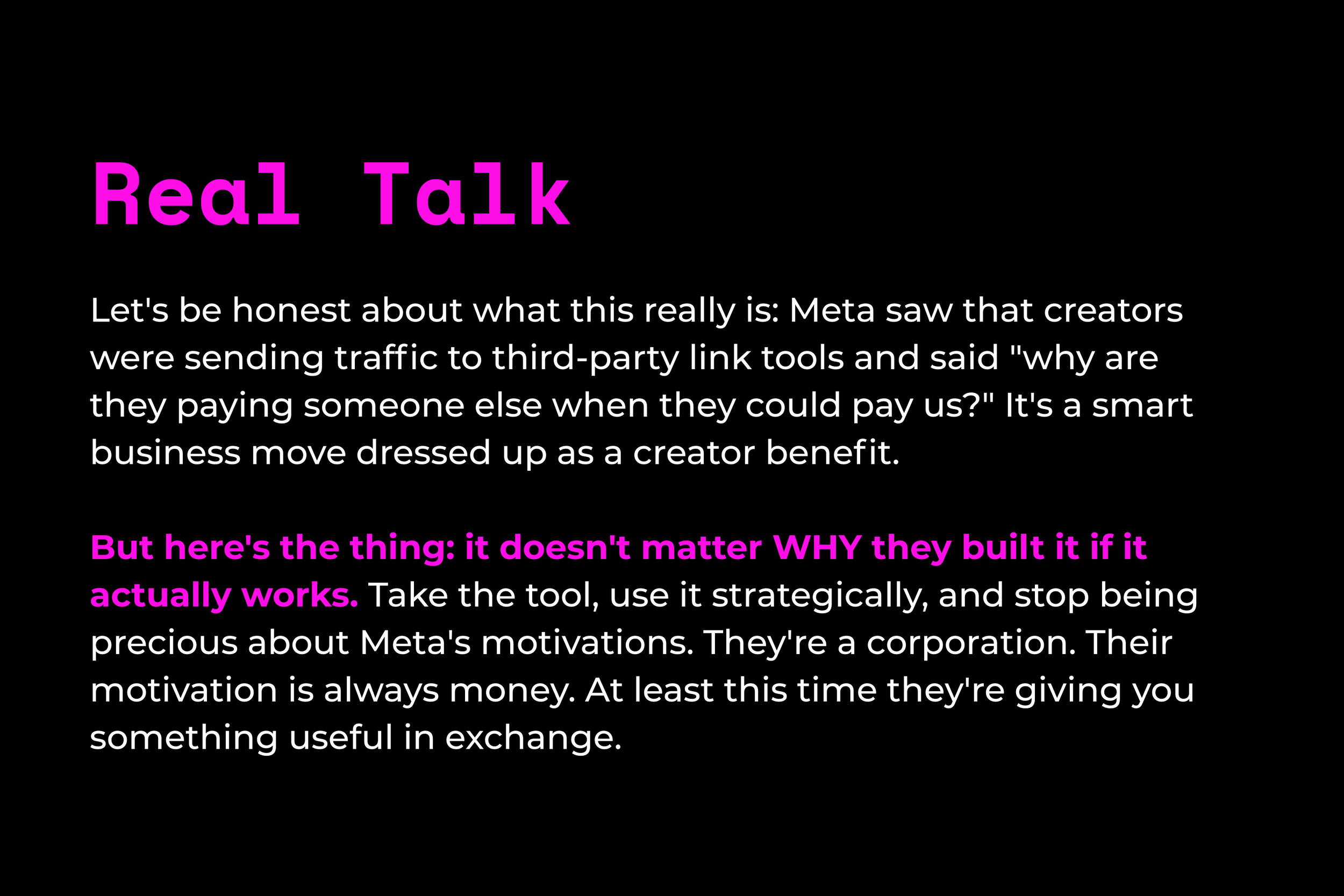 Blog section titled Real Talk on a black background with magenta and white text, explaining that Meta built Verified Plus to capture revenue from third-party link tools.