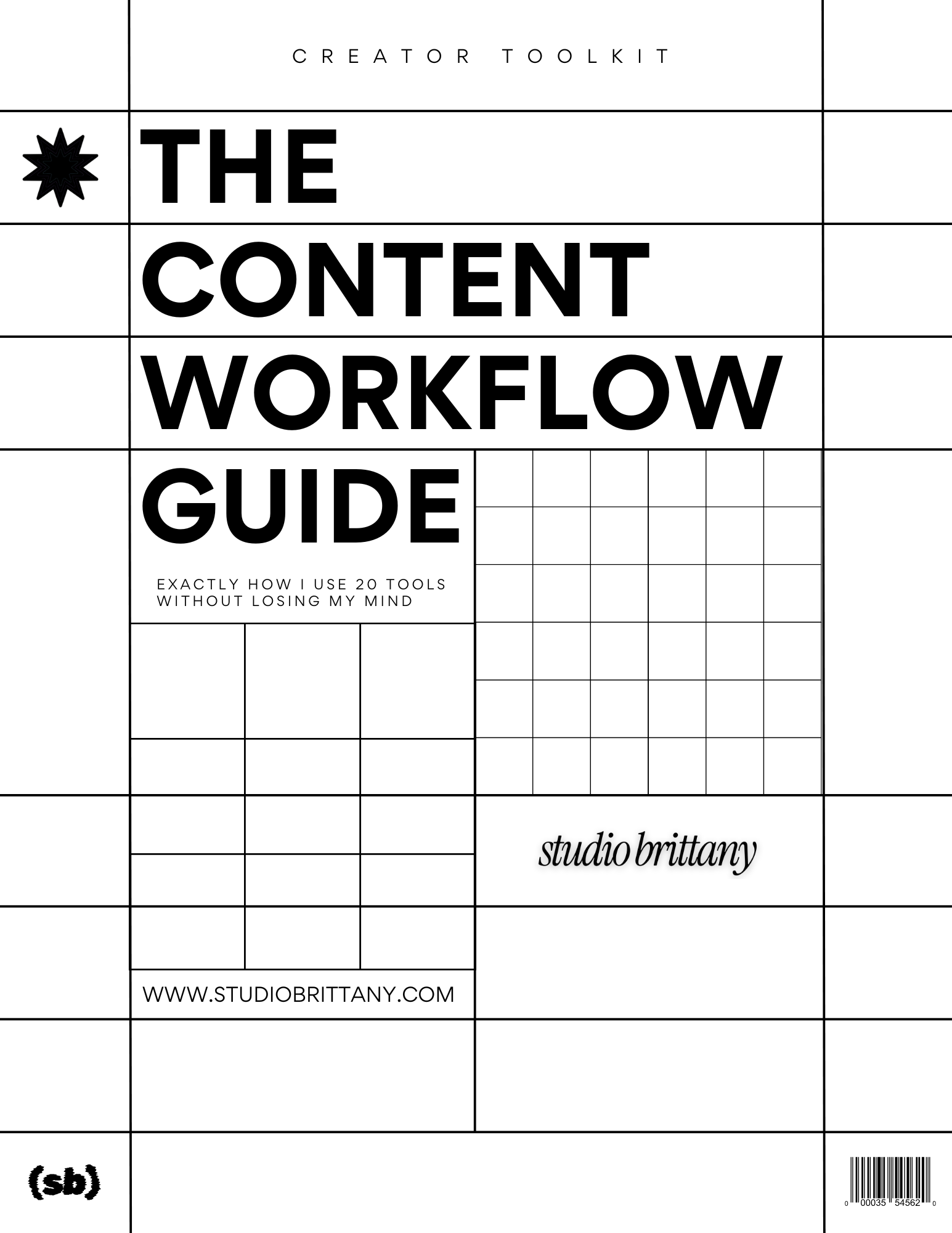 Cover page of a creative toolkit titled 'The Content Workflow Guide' by studio brittany, with a barcode at the bottom right and the website www.studiobrittany.com at the bottom left.