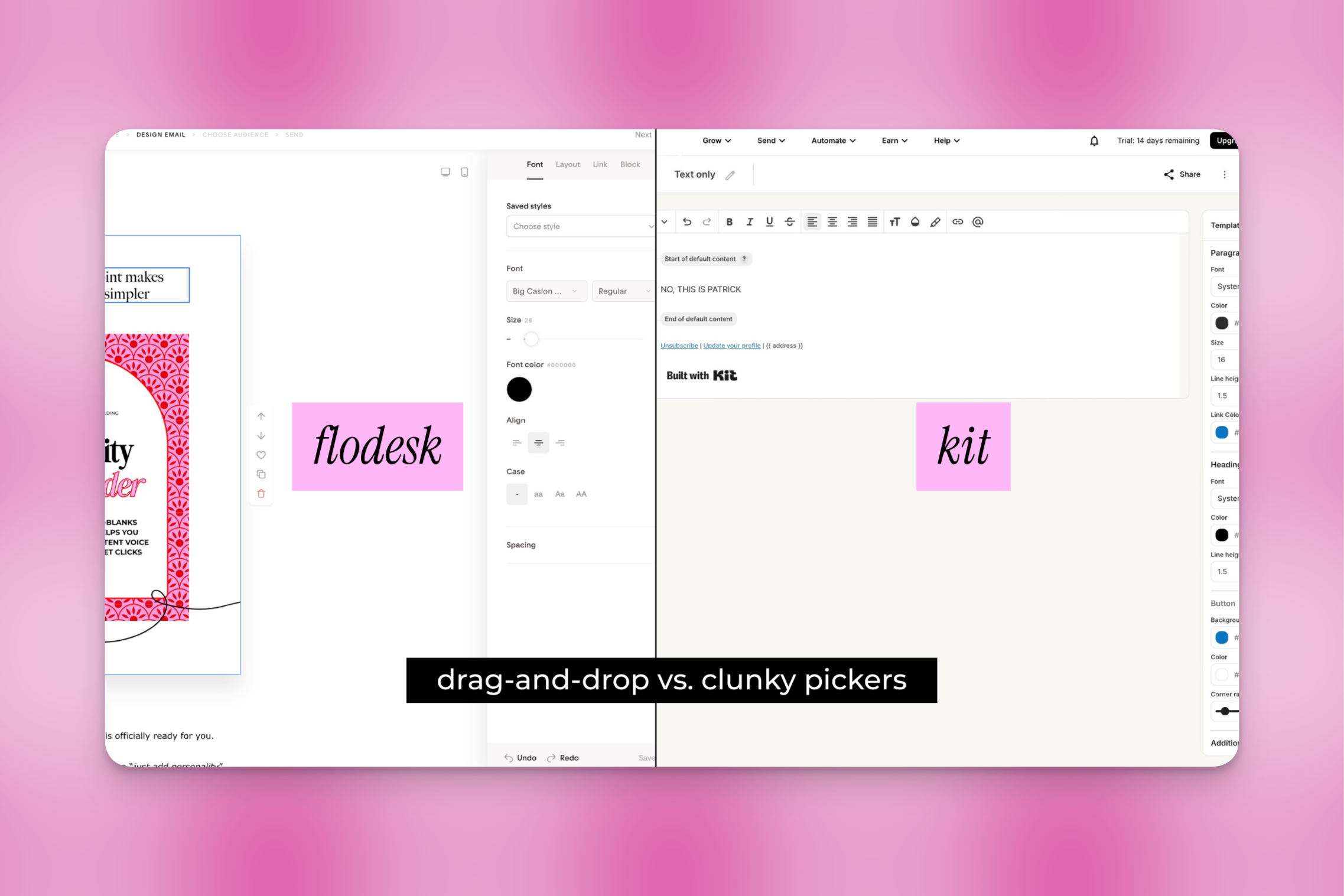 Flodesk drag-and-drop email builder showing clean, modern design interface compared to a traditional email platform