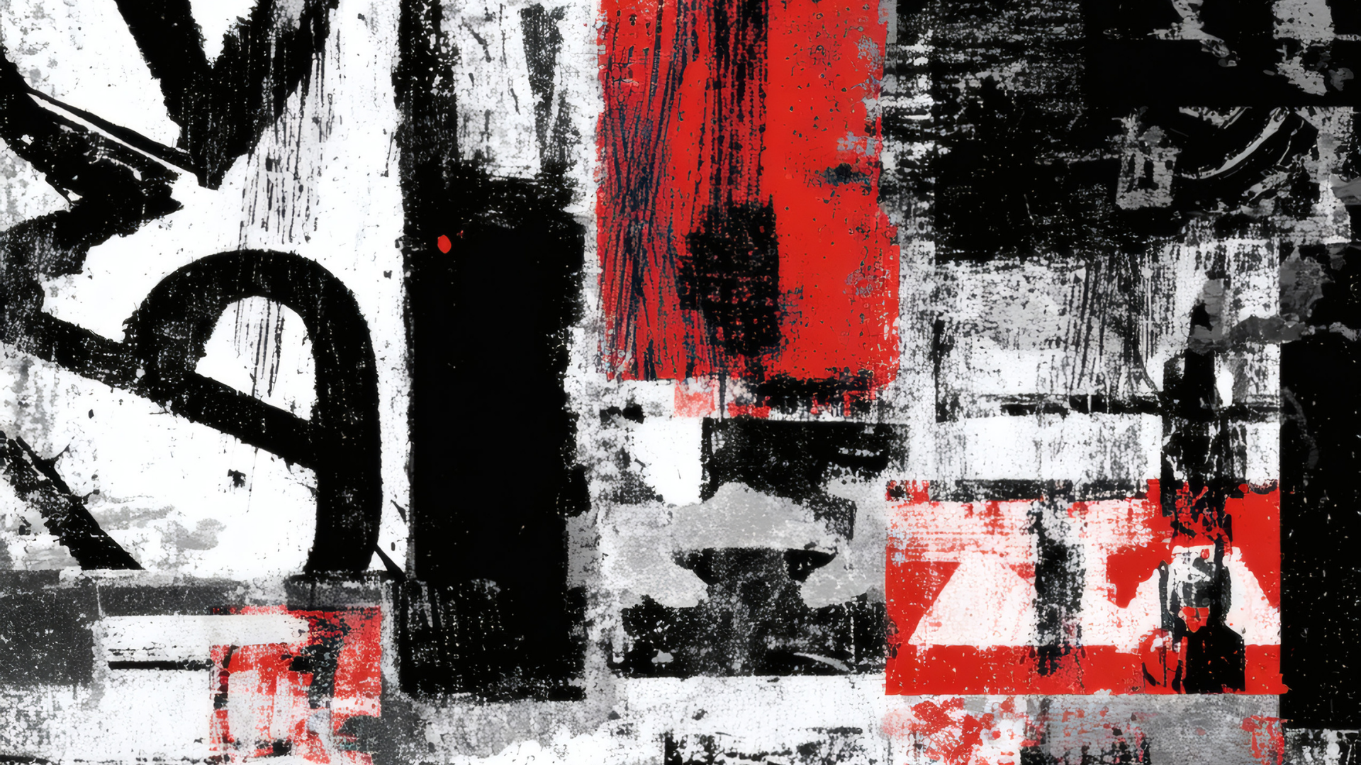 Abstract urban street art with black, white, gray, and red splashes and shapes, including partial view of a head, text, and graffiti elements.