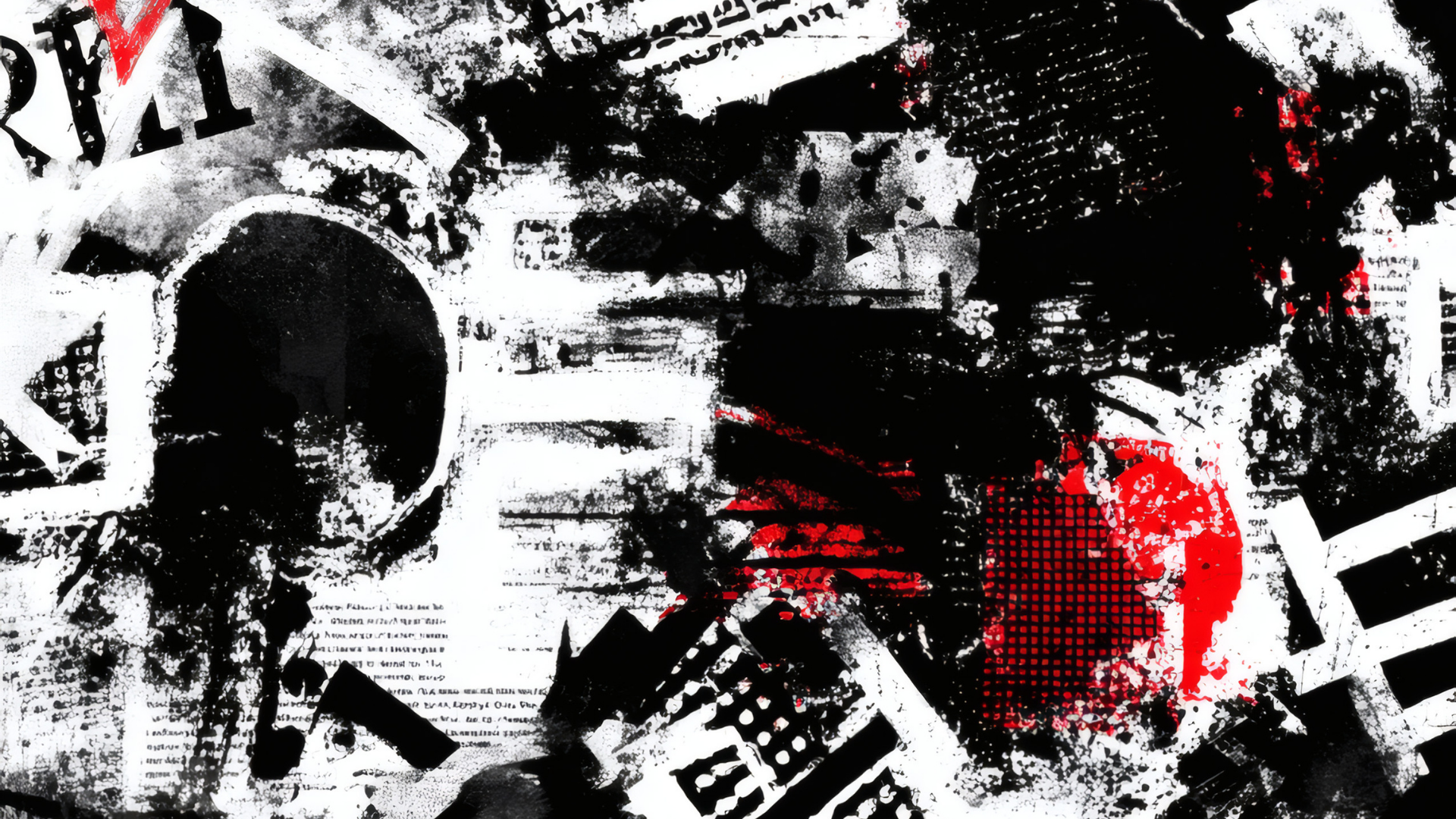 Abstract black, white, and red graffiti-style artwork with splatters, text, and layered shapes.