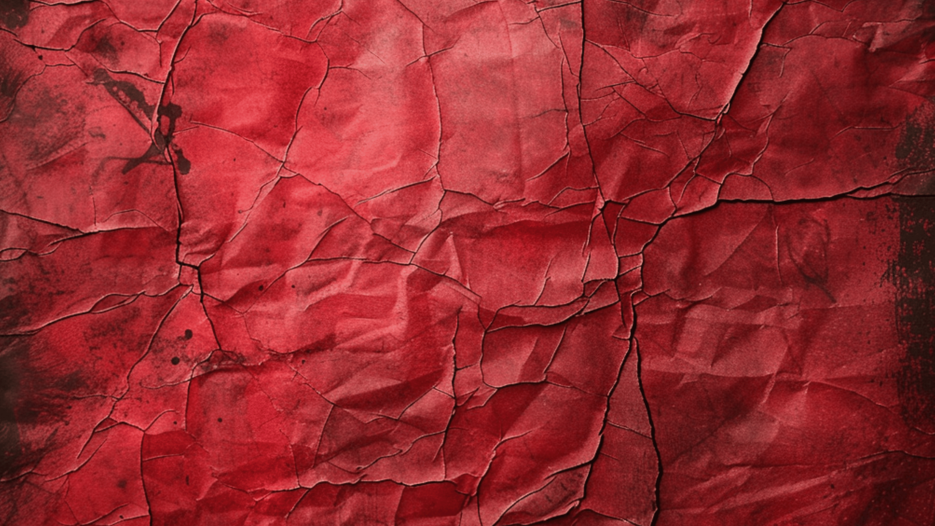 Close-up of a red, cracked paint surface with dark spots and distressed texture.