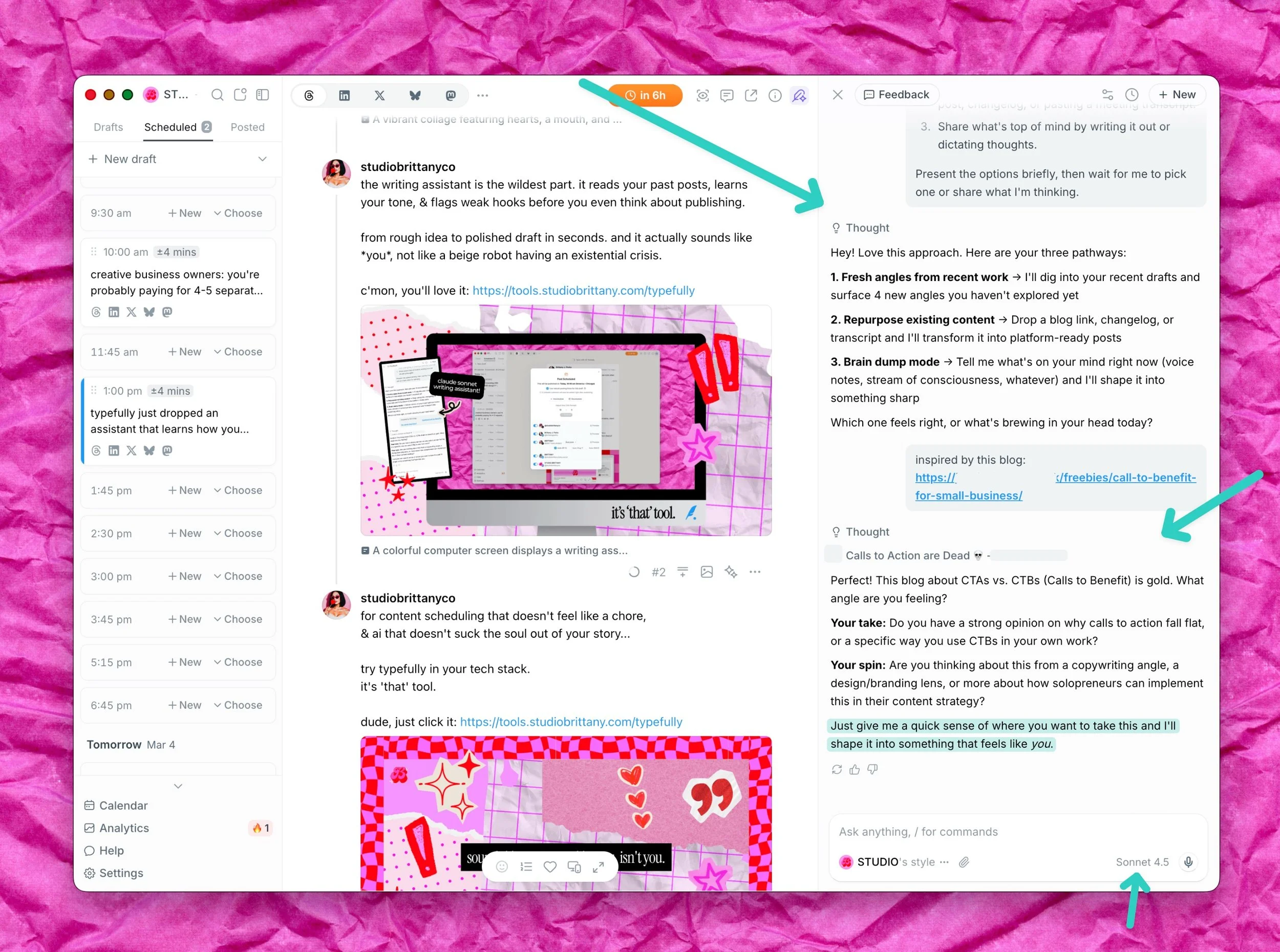 Typefully AI Writing Assistant powered by Claude showing voice-matched content suggestions.