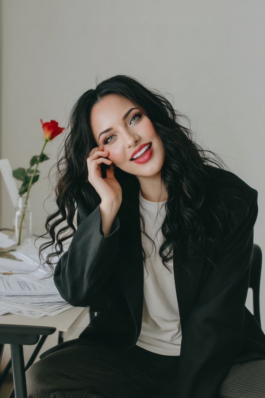 A woman with long curly black hair, red lipstick, and light makeup smiling while talking on the phone in an office setting. There is a desk with papers and a vase with a red flower in the background.