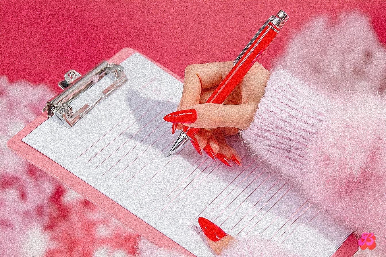 A woman with red nails writing on a clipboard checklist to symbolize creative marketing planning.