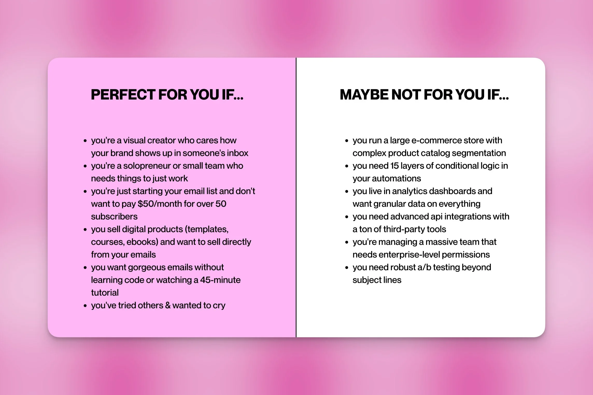 Infographic comparing who Flodesk is perfect for versus who might need a different email platform, showing visual creators and solopreneurs on one side and large e-commerce operations on the other