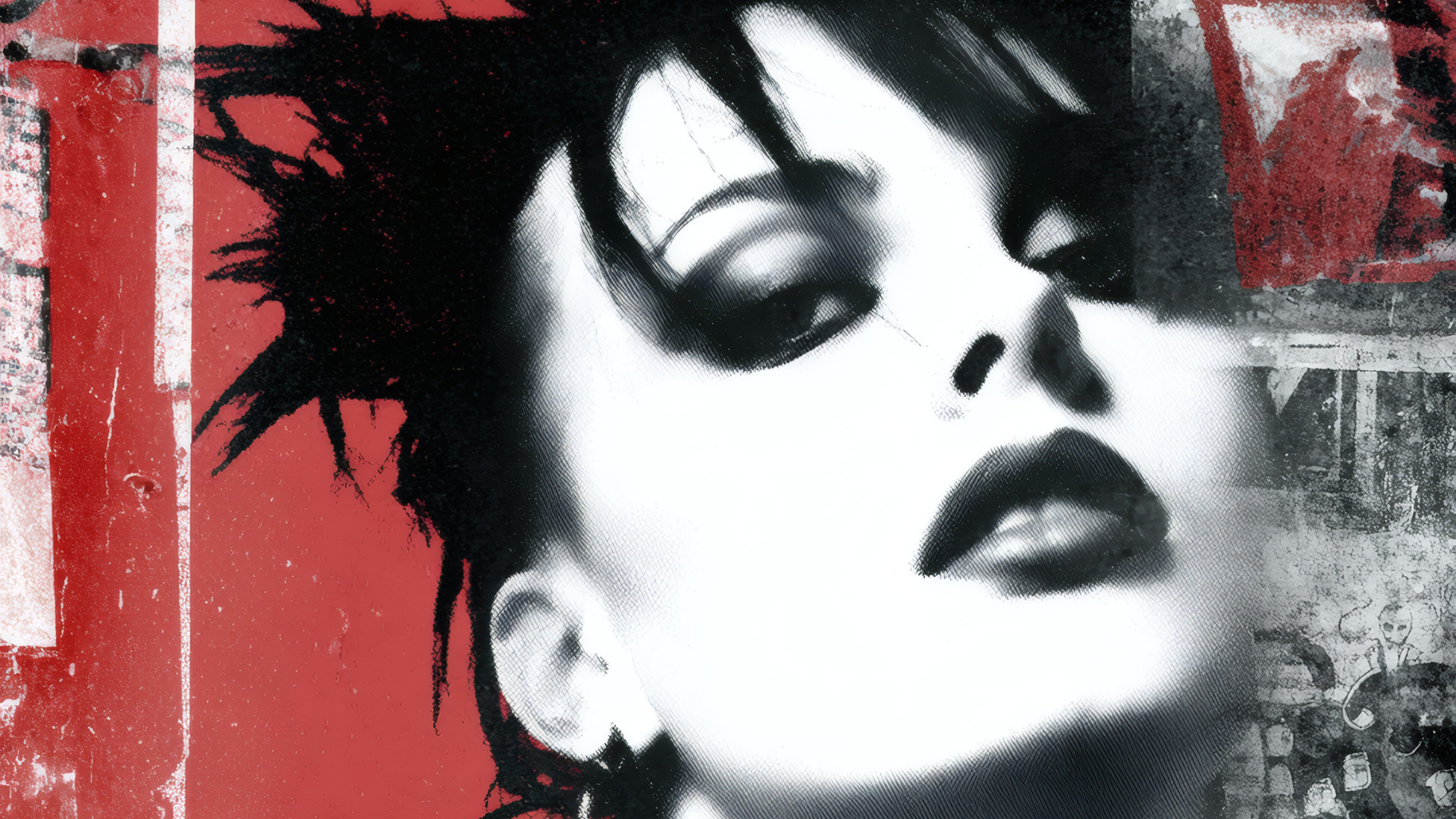 Black and white stylized portrait of a woman with her head slightly tilted, eyes closed, and lips slightly parted, with a red background and grunge elements.