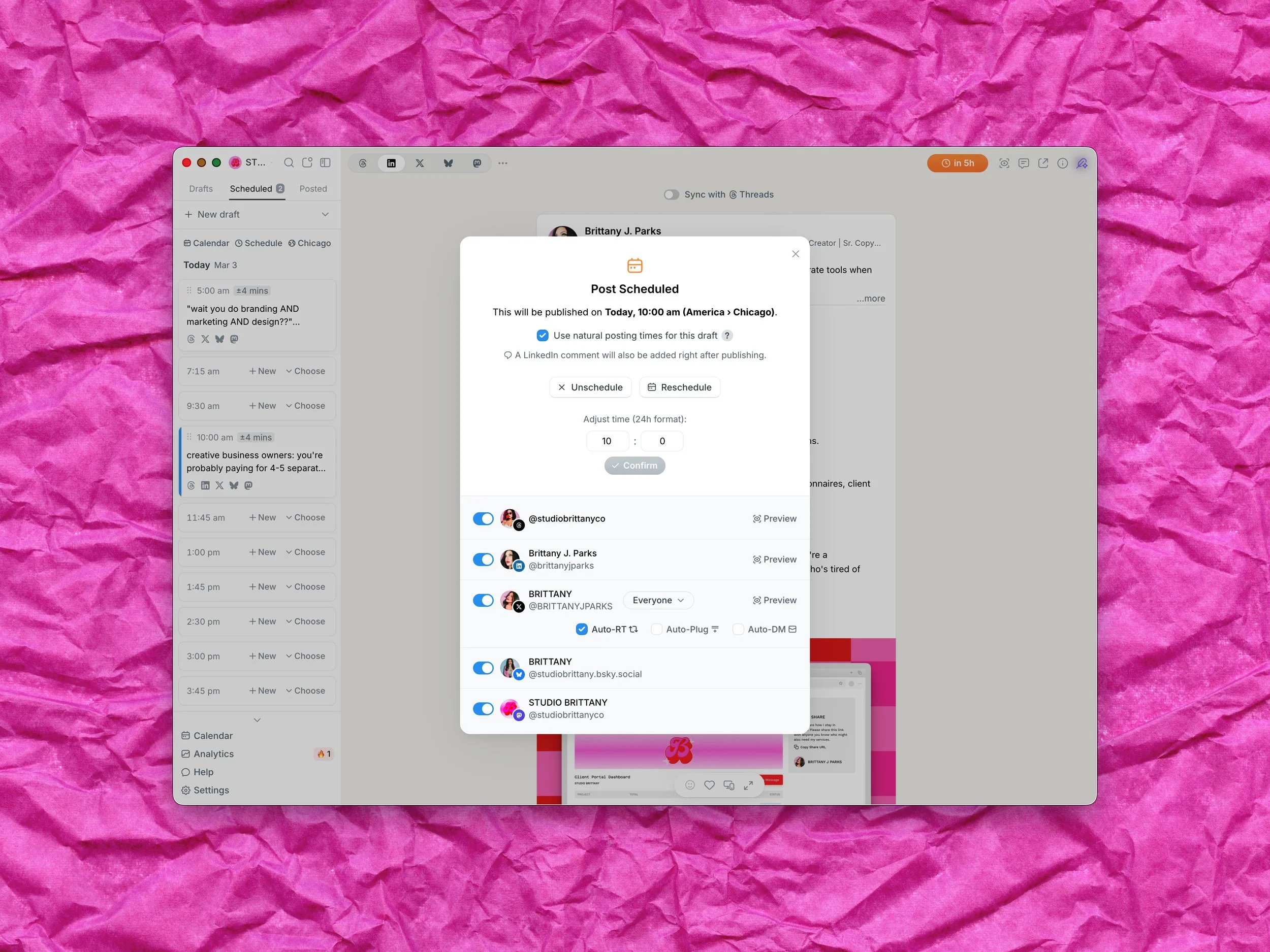 Screenshot of a desktop screen with a pop-up dialog titled ‘Post Scheduled,’ showing options to unschedule or reschedule a LinkedIn post, toggles for multiple social accounts, and a blurred scheduling app interface in the background.