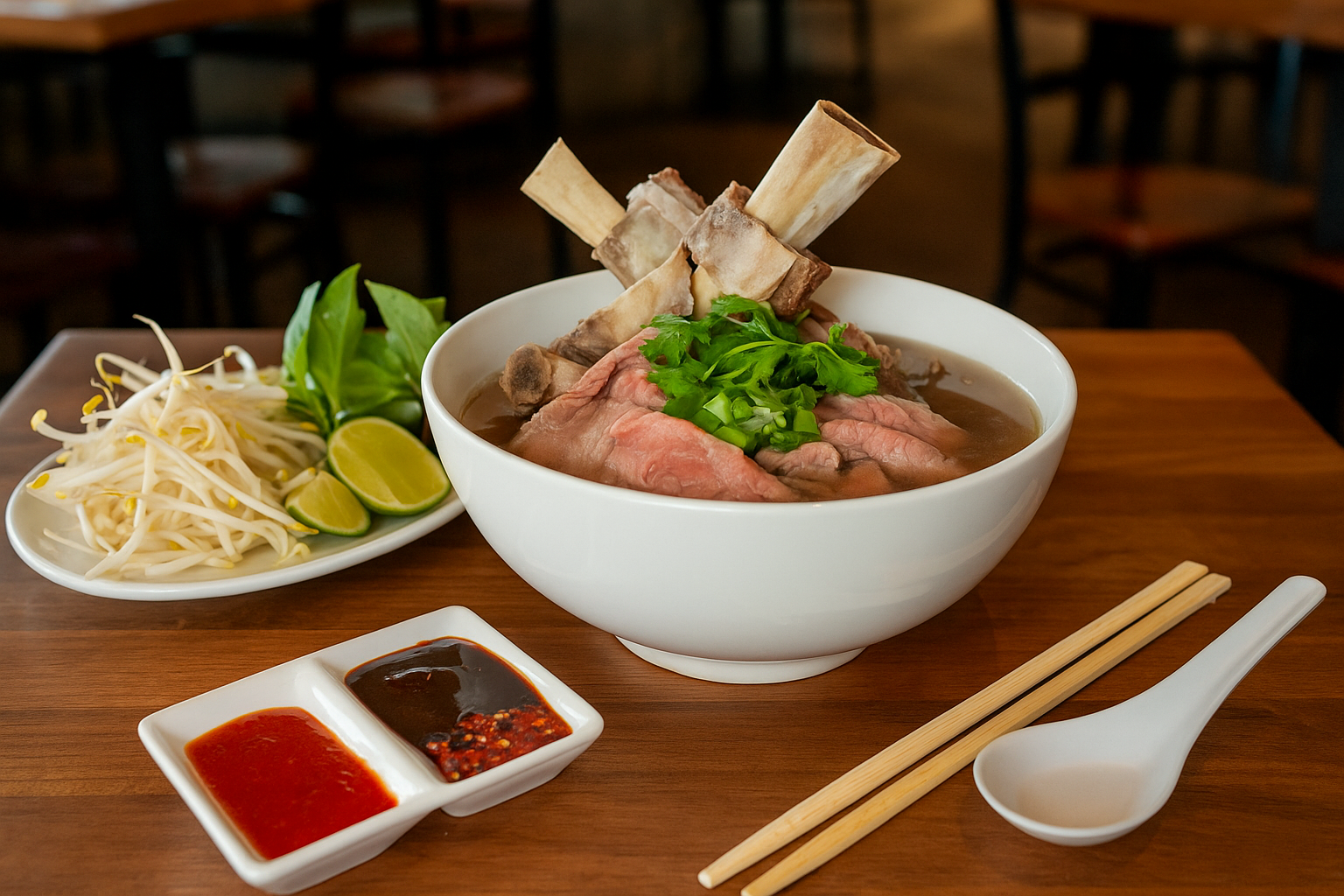Beef Ribs Pho (Phở Sườn Bò) Aromatic beef noodle soup, featuring rare steak & slow-braised beef ribs that melt off the bone. Served in a deeply savory, slow-simmered beef broth with egg/rice noodles