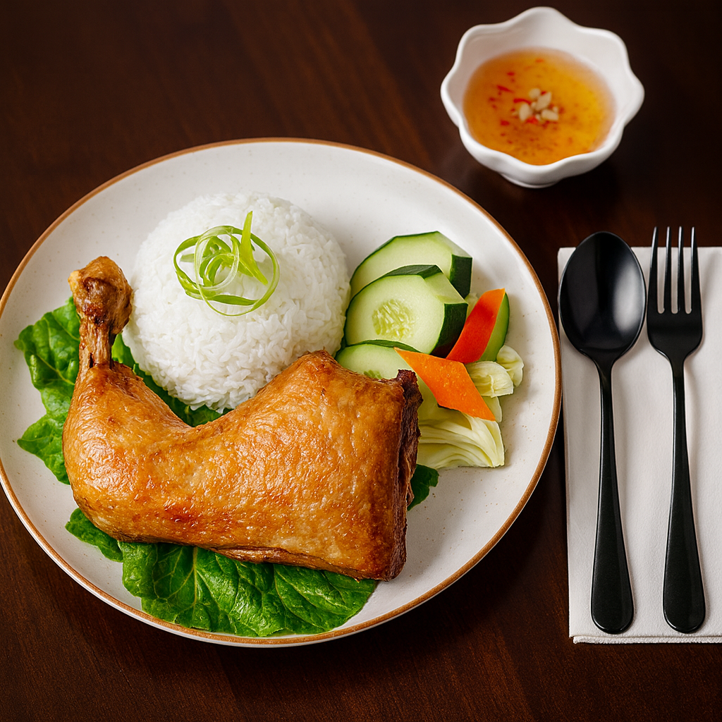 Rice Plate - Vietnamese street Fried chicken over rice. Featuring choice of proteins charred over high heat. Served over jasmine rice and accompanied by pickled vegetables and a drizzle of tangy-sweet fish sauce dressing.