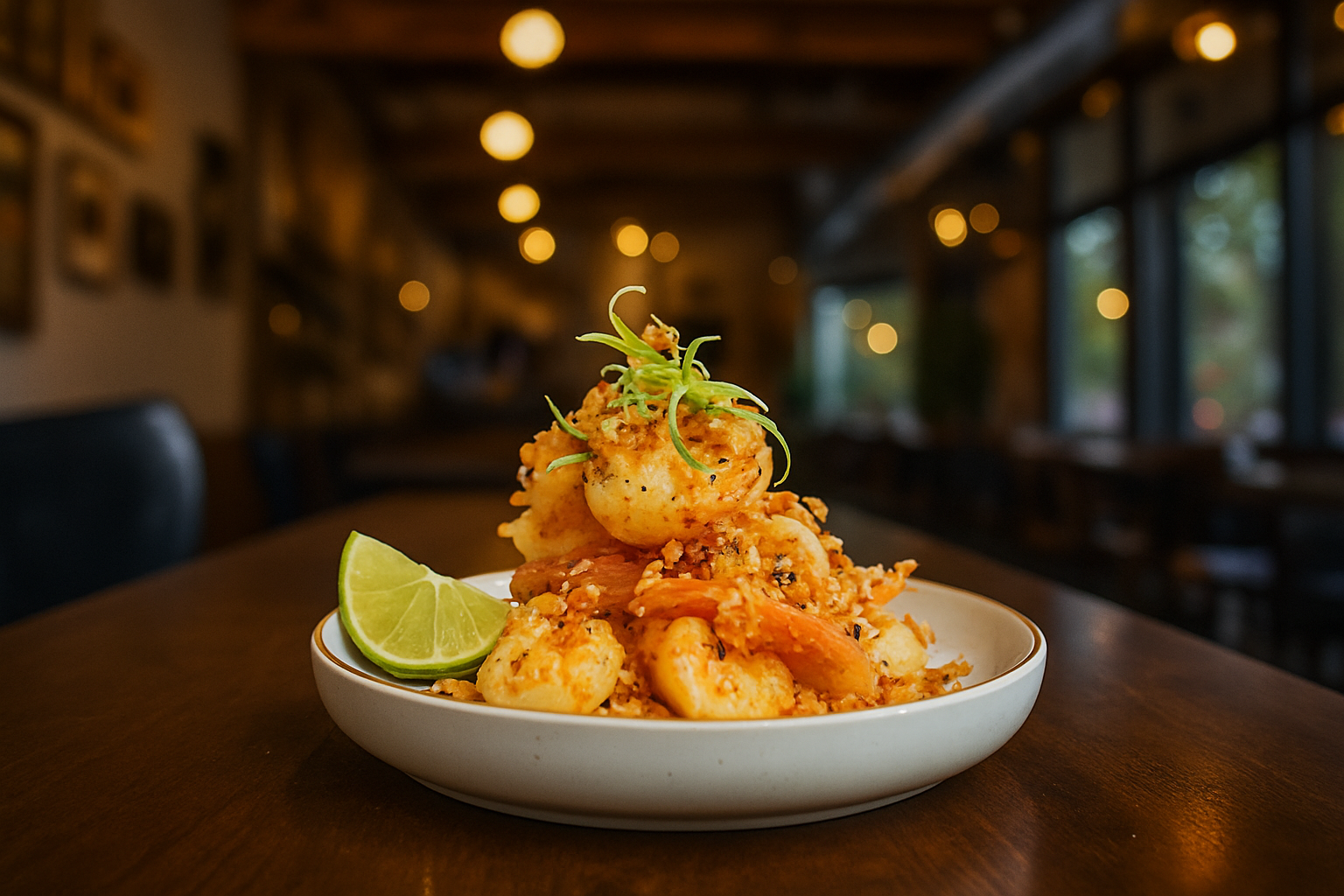 Garlic butter prawns - A plate of fried seafood garnished with scallions and lime wedge on a wooden table inside a dimly lit restaurant.