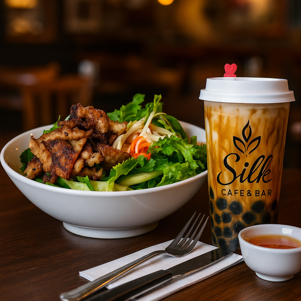 A refreshing Vietnamese noodle bowl, your choice of proteins served over vermicelli
noodles with fresh lettuce, cucumber, and herbs, topped with peanuts, and drizzled
with a tangy-sweet fish sauce dressing, with a large bubble tiger milk tea drink.