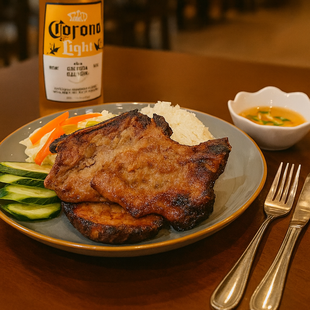 Rice Plate (Cơm Sườn Nướng) 
Vietnamese street grilled with rice. Featuring bone-in pork chop charred over
high heat. Served over jasmine rice and accompanied by pickled vegetables
and a drizzle of tangy-sweet fish sauce dressing