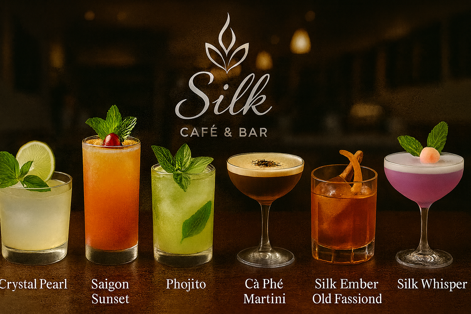 Six colorful cocktails on a wooden bar counter in front of a dark background with the silk cafe & bar logo. From left to right: Crystal Pearl, Saigon Sunset, Phojito, Cà Phé Martini, Silk Ember Old Fassion, Silk Whisper.