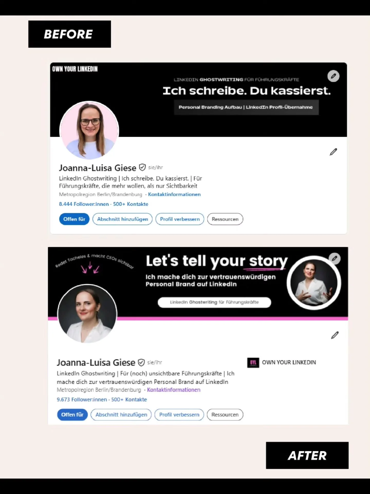 Mini LinkedIn-Profil Makeover..

...war l&auml;ngst &uuml;berf&auml;llig.

Schon lange wollte ich ein neues professionelles LinkedIn Profilbild. 

Mein LinkedIn-Slogan und Banner hat nicht mehr zu meiner Personal Brand gepasst. 

Daher habe ich die l