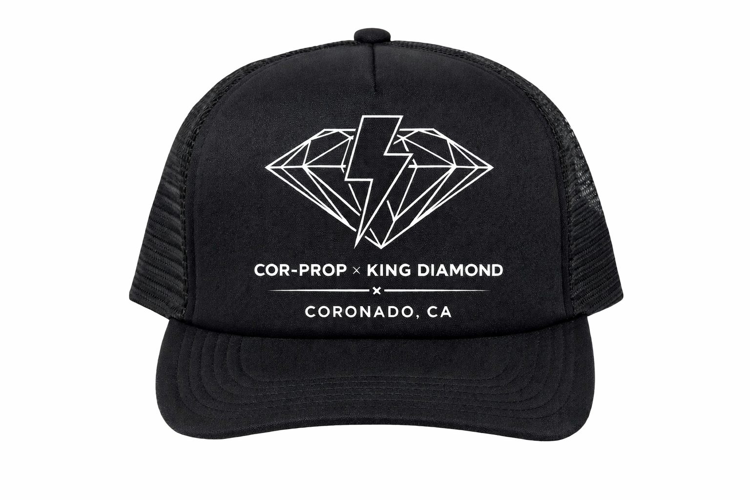 Cor-Prop x KDI (Bolt over Diamond) Coronado Font (White Logo on Black Background) Hat.PNG