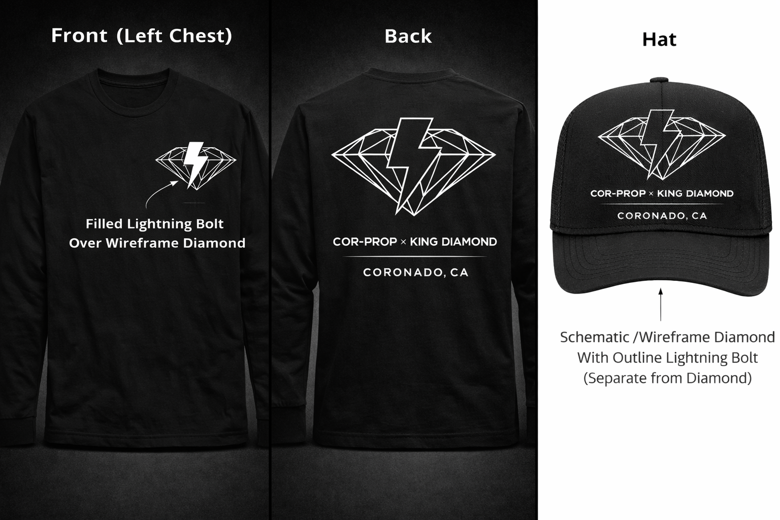 Cor-Prop x KDI (Bolt over Diamond) Coronado Font (White Logo on Black Background) Long Sleeve Shirt + Hat.PNG