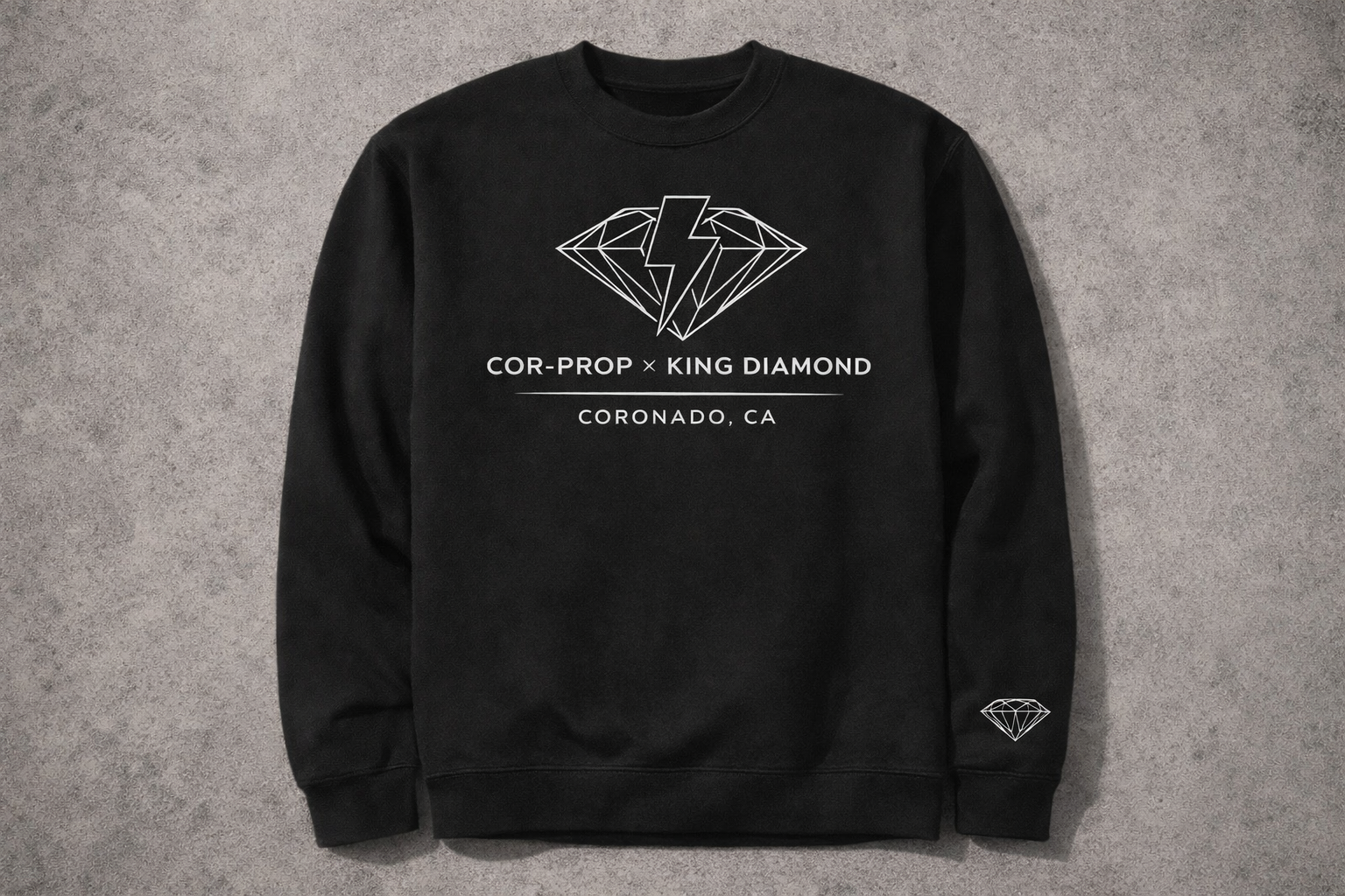 Cor-Prop x KDI (Bolt over Diamond) Coronado Font (White Logo on Black Background) Crew Neck Sweat Shirt Front Only.PNG