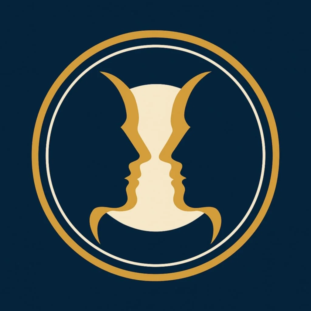 Symmetrical logo with two gold-colored profiles of human faces facing each other, surrounded by concentric circles on a dark background.