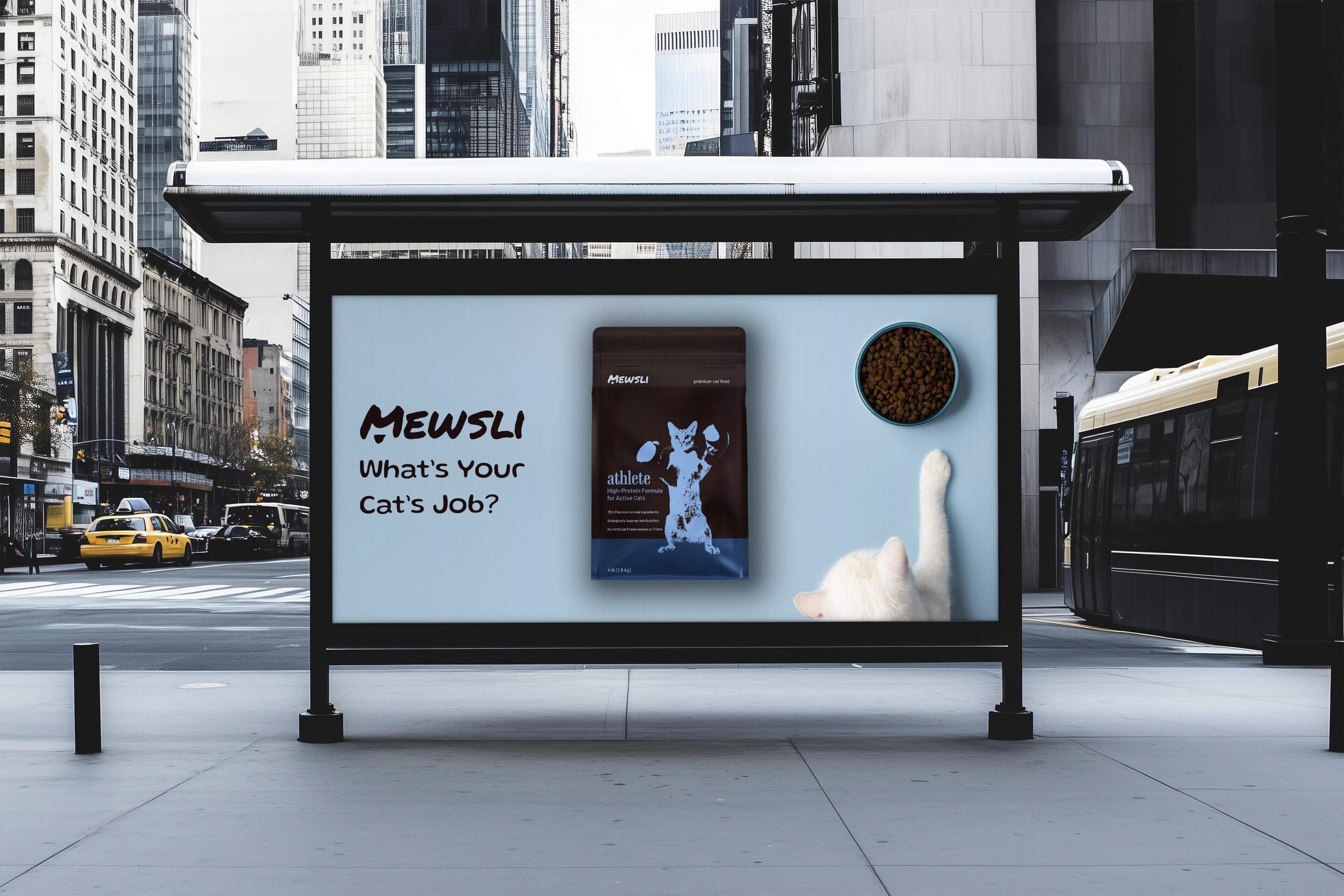Advertisement at a city bus stop showcasing pet food with a bag of MewSli cat food, a bowl of dry cat food, and a white cat stretching on a light blue background, with the text 'MewSli What's Your Cat's Job?'