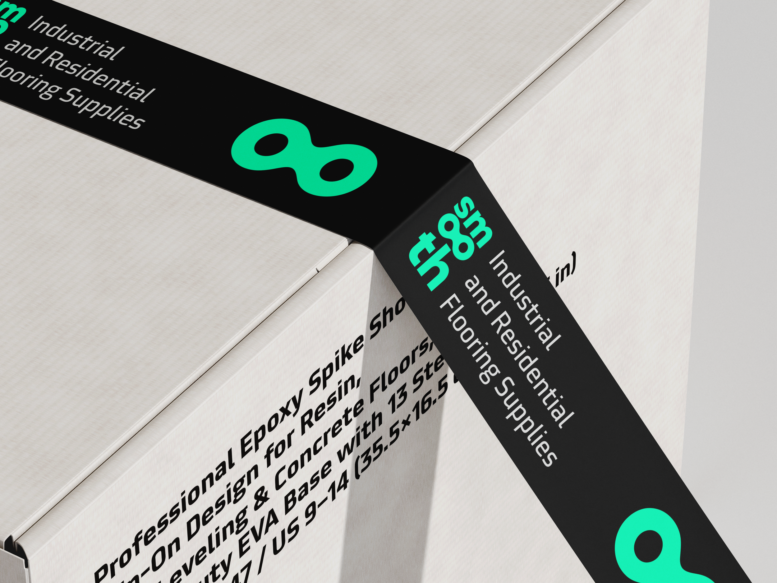 Packaging box for epoxy with black and white design and teal logo.