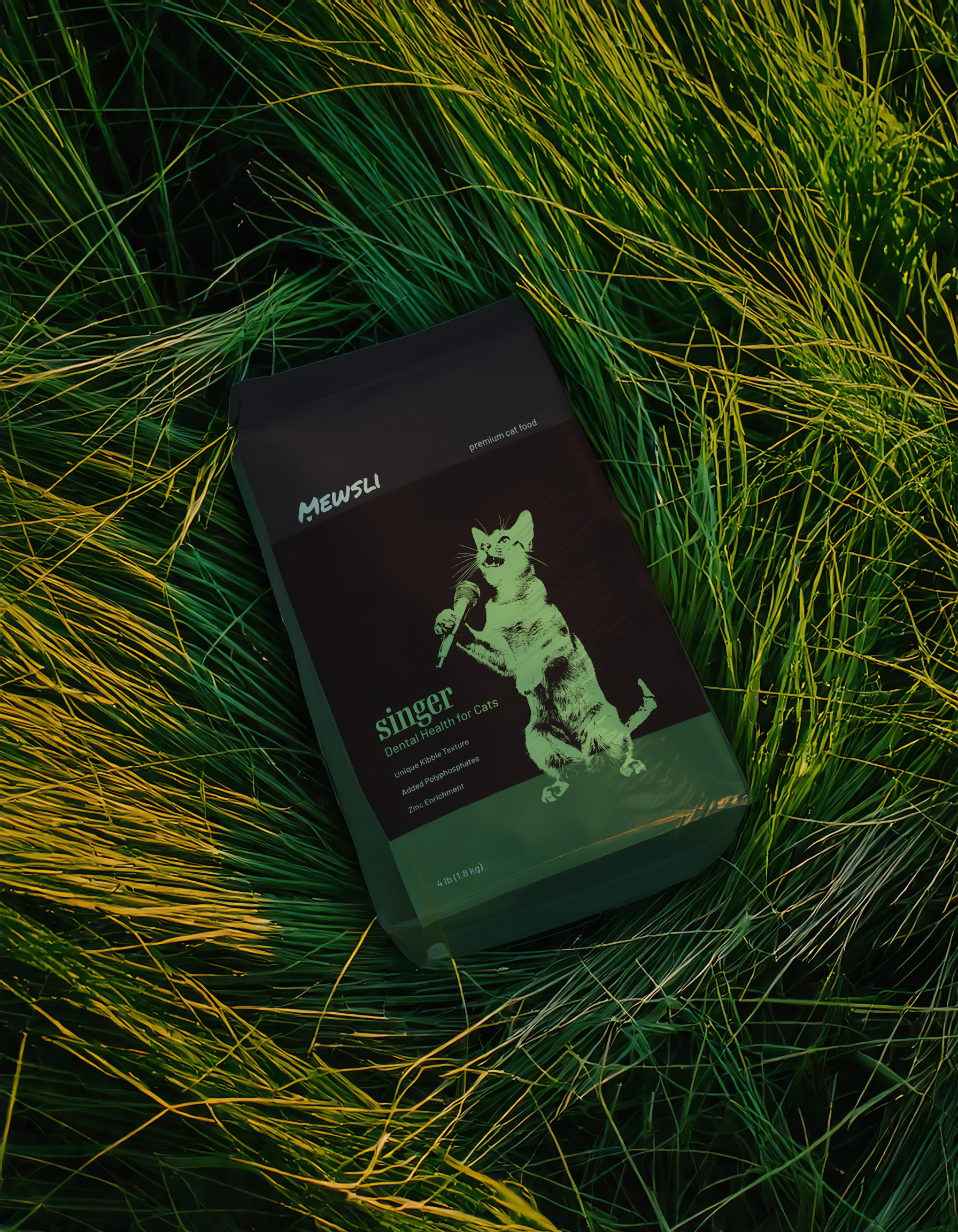 A bag of Mewsli Cat Food labeled "singer" on a bed of green and yellow grass.