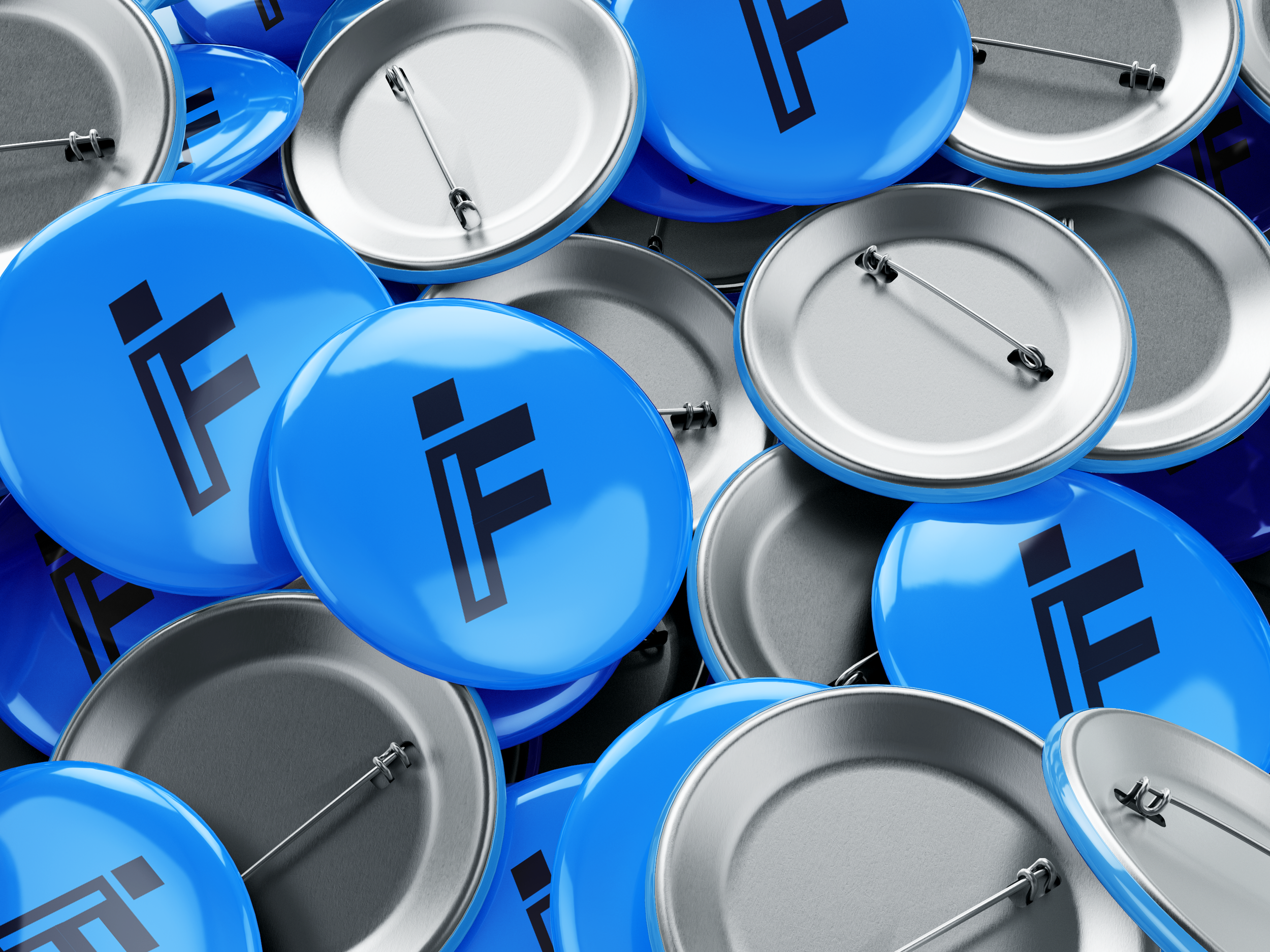 Blue and silver campaign buttons with the FTX logo