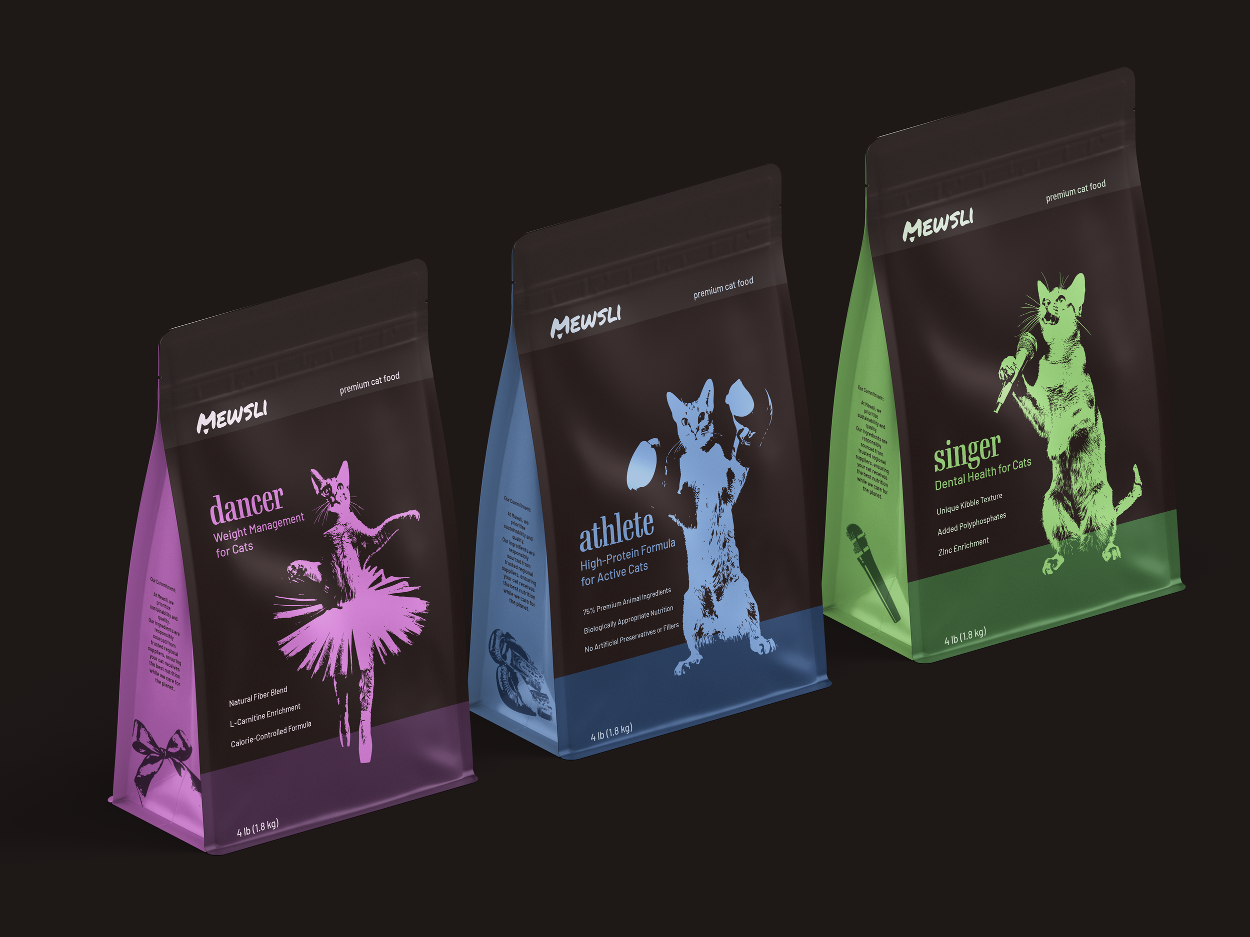 Three colourful bags of premium cat food labeled 'dancer,' 'athlete,' and 'singer,' with illustrations of cats performing ballet, boxing, and singing, respectively. Cat food packaging design