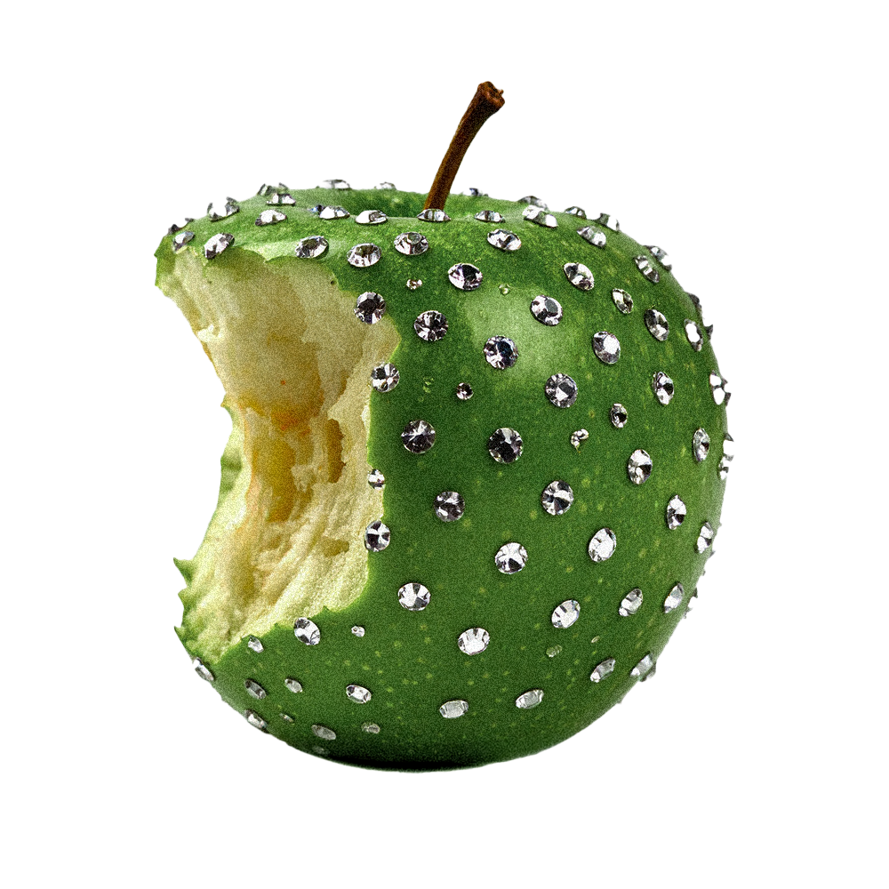 A green apple with rhinestones and a bite taken out of it.
