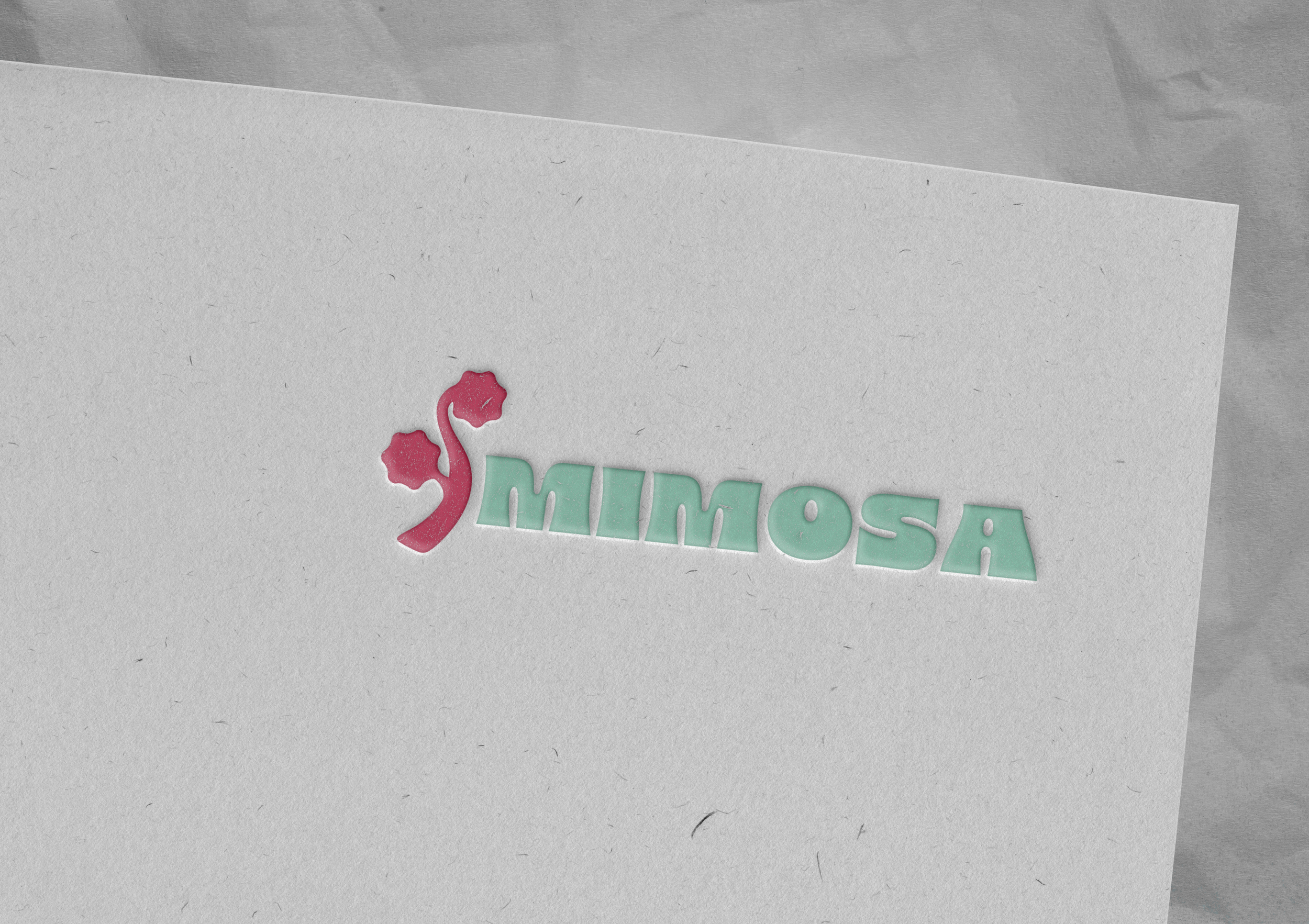 A logo with a pink cherry blossom branch graphic and the word 'MIMOSA' in stylized mint green letters on a white textured paper background.