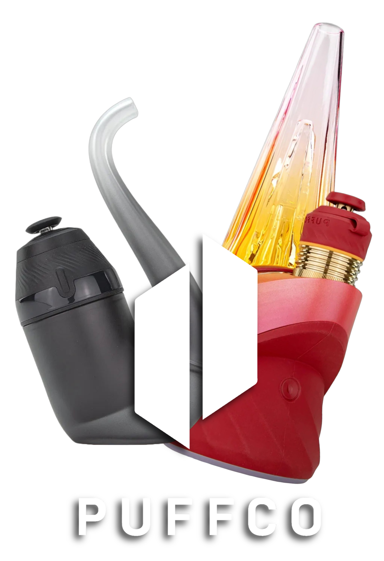 A collection of smoking and vaping devices including a black puffco, a gray nectar collector, and a pink and gold dab rig, with the word 'PUFFCO' at the bottom.