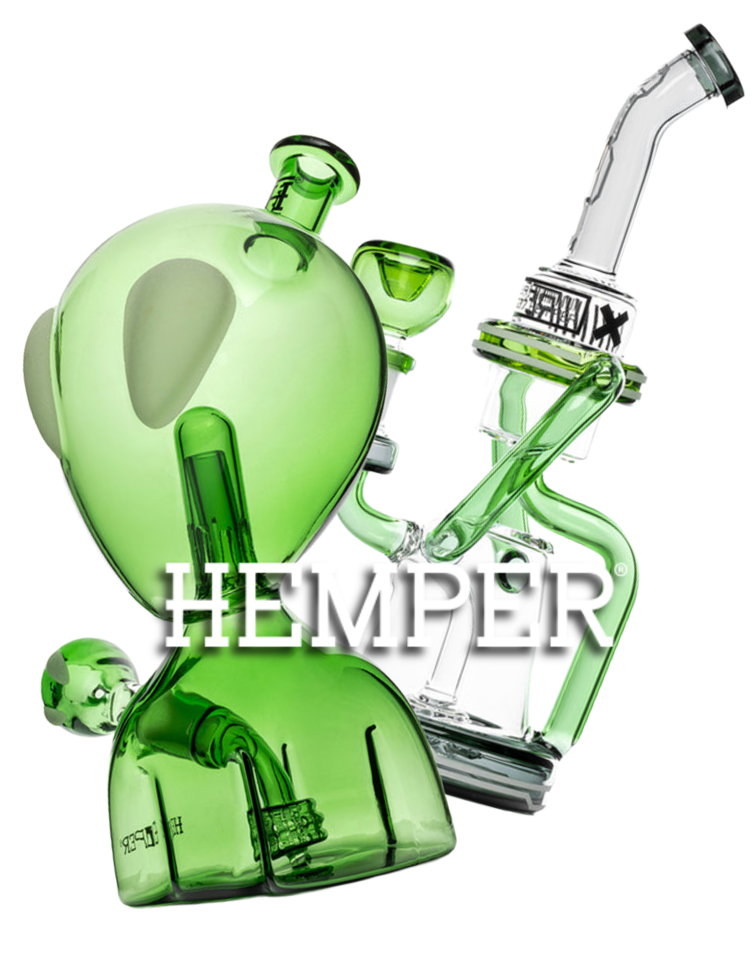 Green glass hemp-themed smoking paraphernalia, including a water pipe and accessories, with the word 'HEMPER' overlaid.