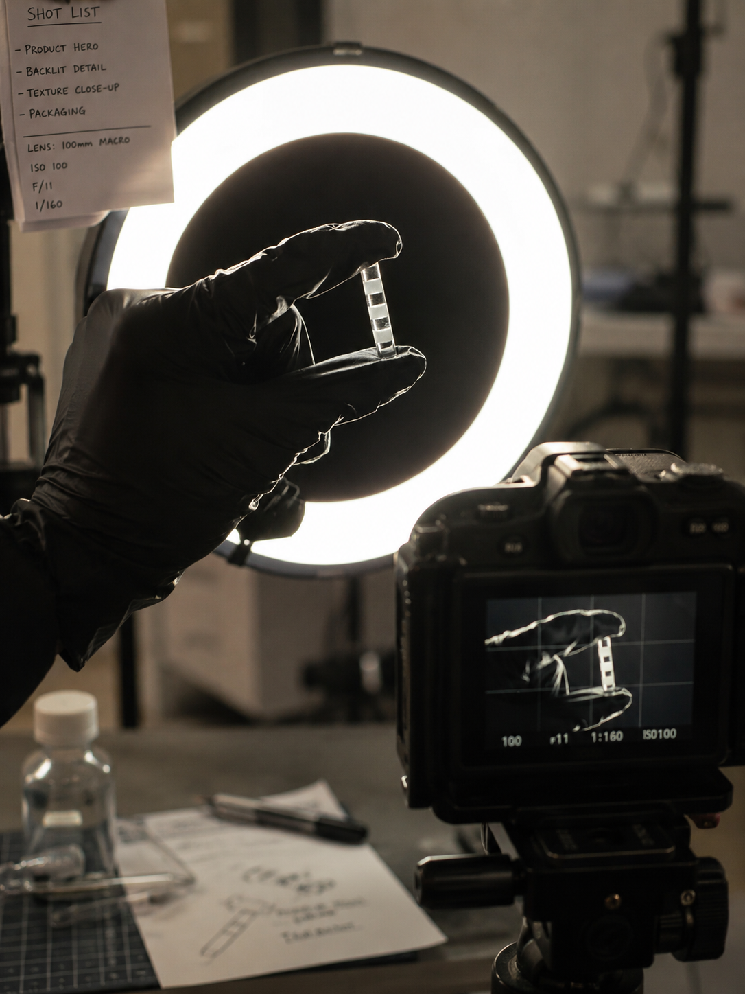 A person wearing black gloves holding a quartz pillar insert, in front of a bright circular light, with a camera capturing the scene. The setup includes a white paper with handwritten notes, a pen, and a small bottle on a table.