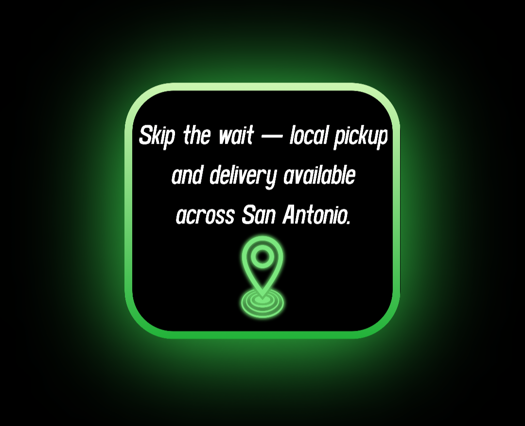 Digital graphic promoting local pickup and delivery service across San Antonio, featuring a neon green map pin icon and text on a black background with green glow.