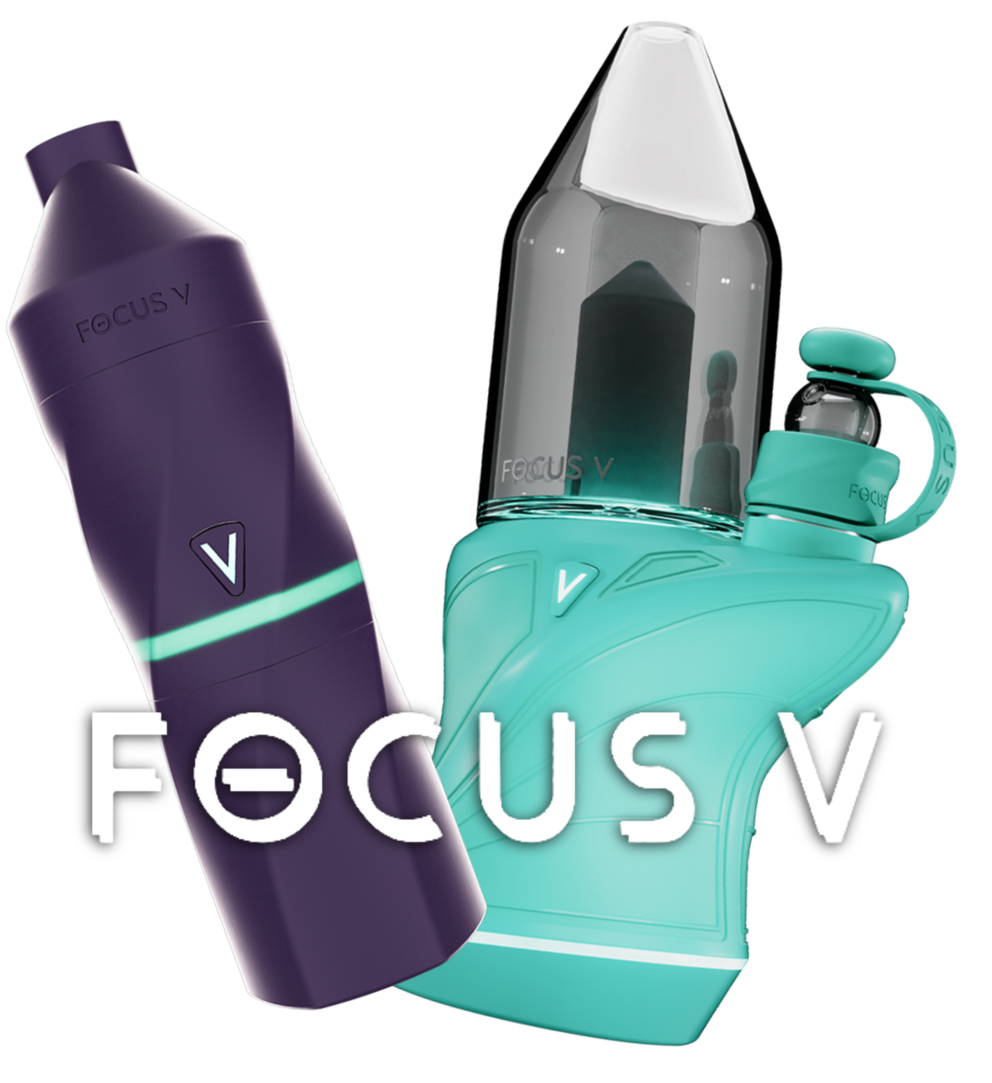 A collection of Focus V vaporizer products, including a purple vape pen, a gray glass water pipe, and a teal silicone container with a detachable mouthpiece, with the Focus V logo.