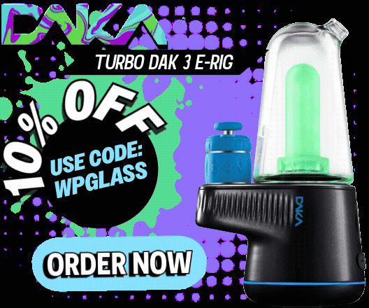 Promotion for Turbo DAK 3 E-Rig, a cannabis vaporizer, offering 10% off with code WPGLASS, featuring a digital display, a blue cleaning brush, and a black and green vaporizer device on a colorful background.