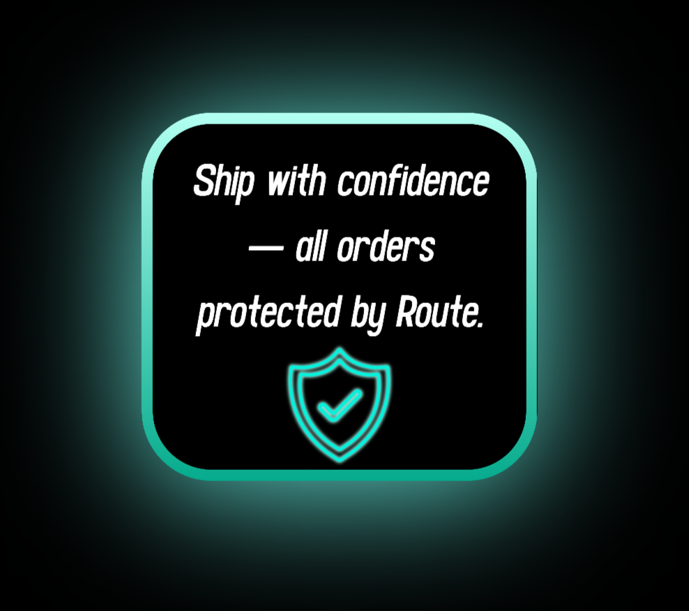 Neon sign with a shield symbol and checkmark that says 'Ship with confidence — all orders protected by Route'.