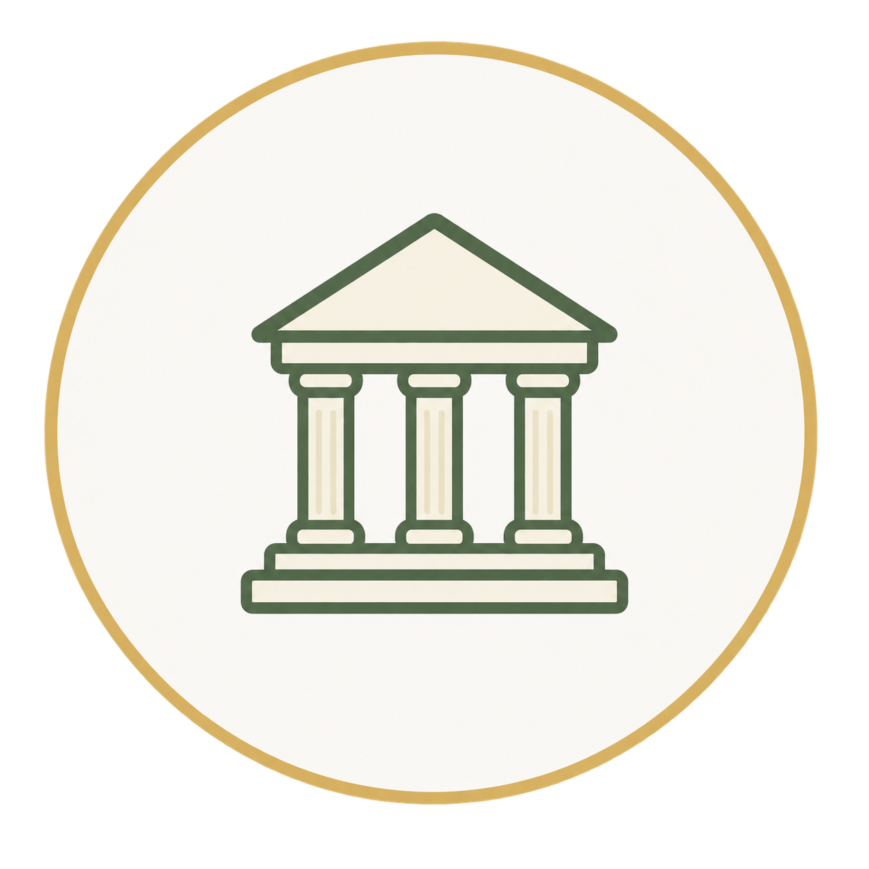 Outline of a classical Greek temple with four columns and a triangular pediment, enclosed in a gold-bordered circular frame.