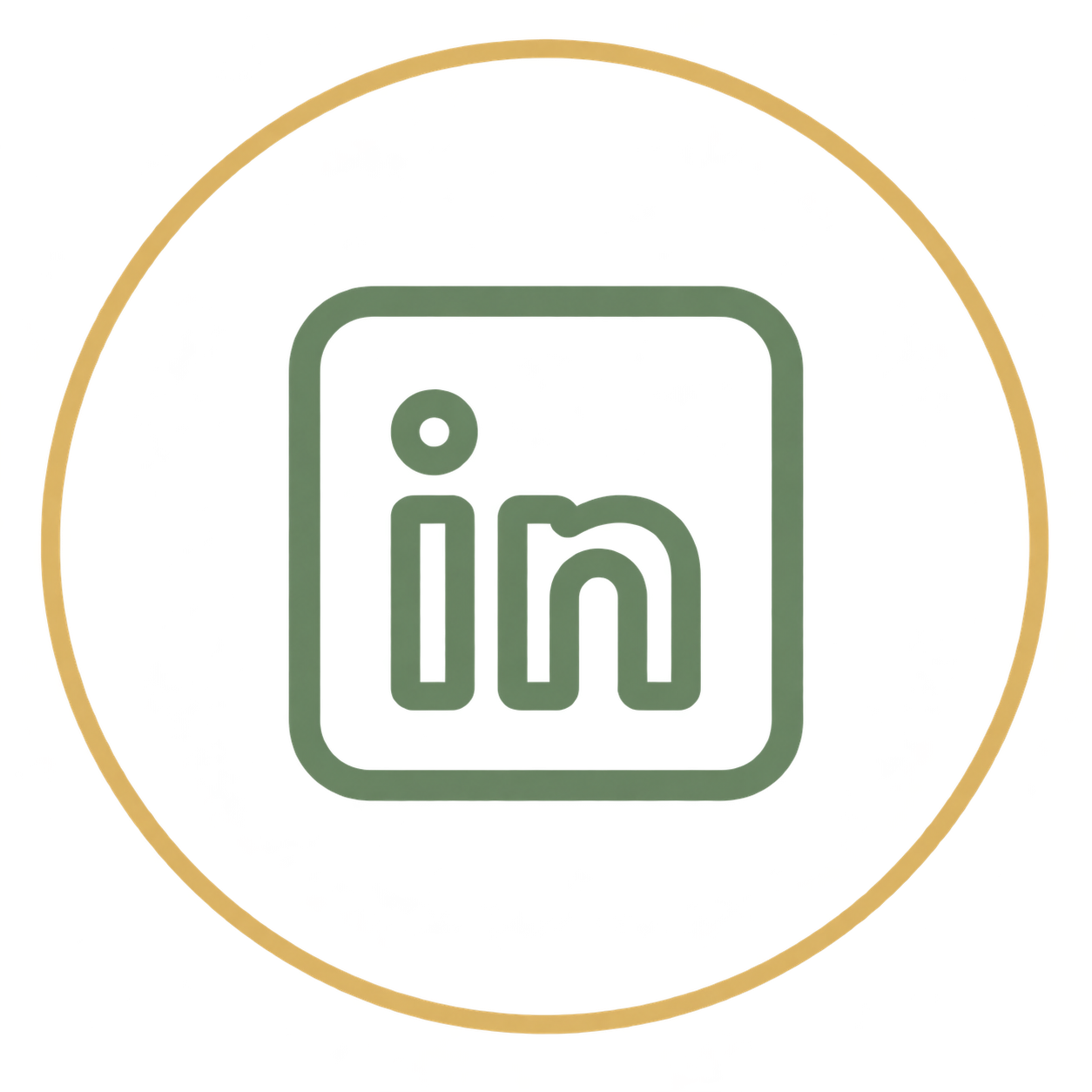 LinkedIn logo depicted as a green outline within a gray square, encircled by a gold ring.